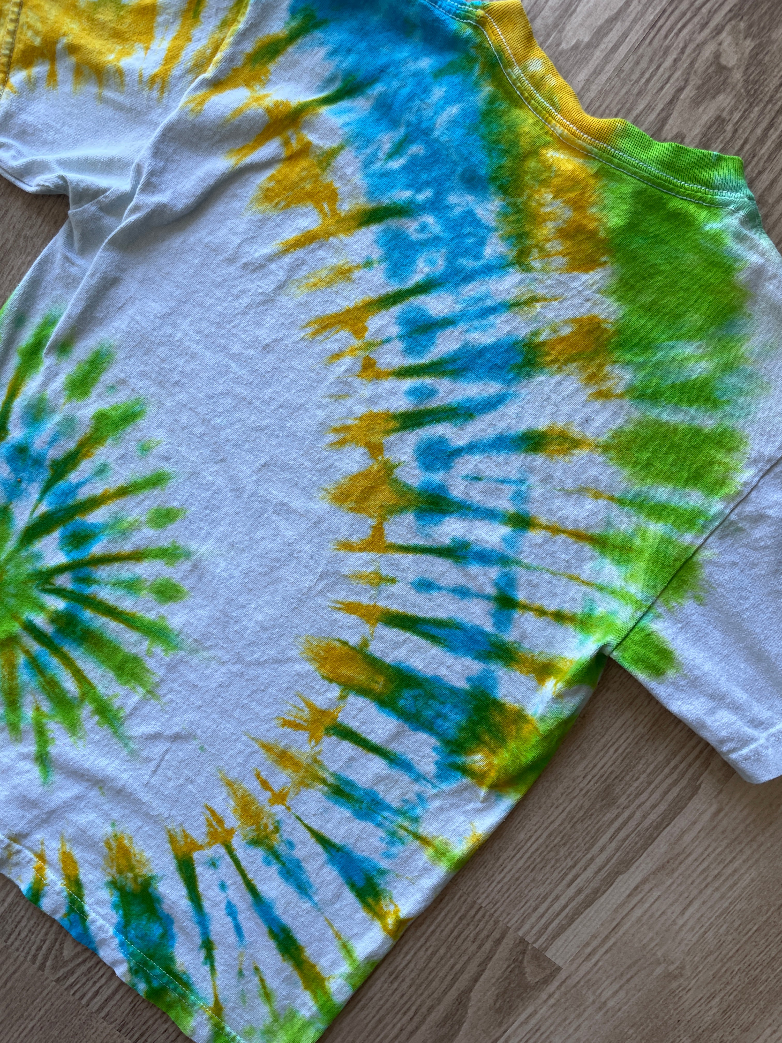 SMALL Men’s Toy Story Pizza Planet Handmade Tie Dye T-Shirt | One-Of-a-Kind Green, Blue, and Yellow Spiral Short Sleeve