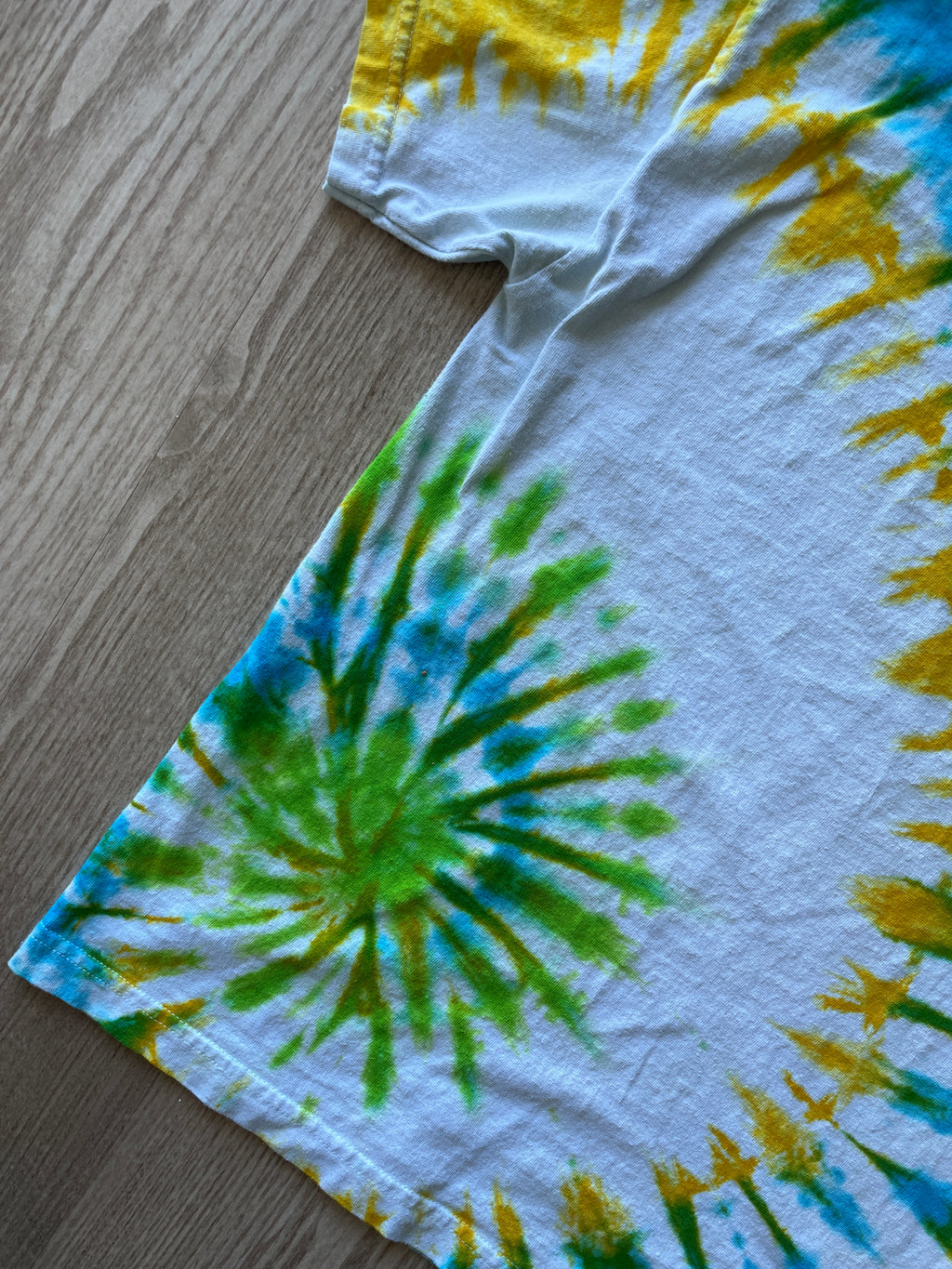 SMALL Men’s Toy Story Pizza Planet Handmade Tie Dye T-Shirt | One-Of-a-Kind Green, Blue, and Yellow Spiral Short Sleeve