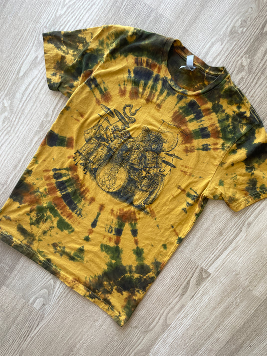 MEDIUM Men’s Yellow Octo-drummer Handmade Tie Dye T-Shirt | One-Of-a-Kind Yellow and Brown Short Sleeve