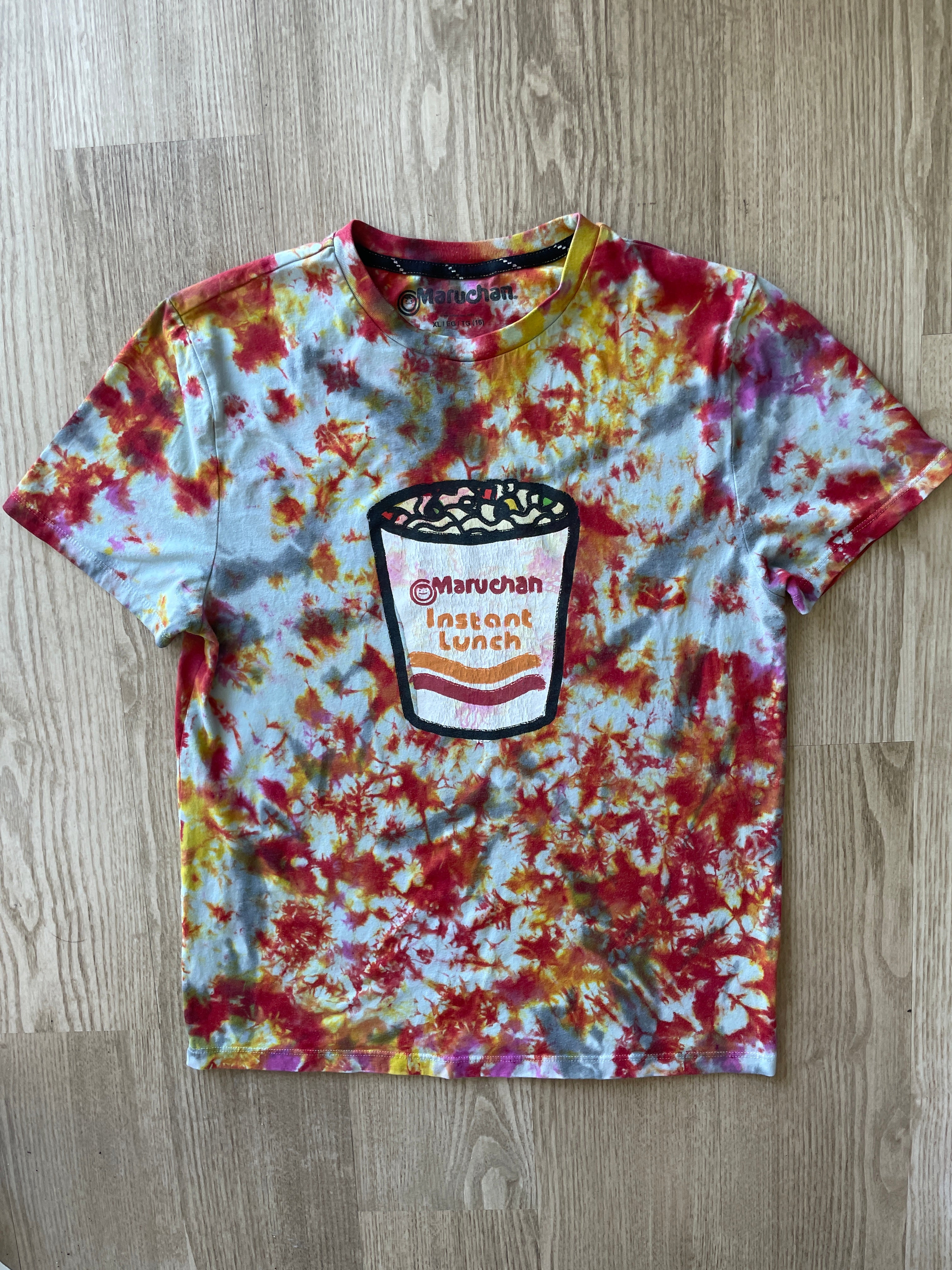 MEDIUM Men’s Maruchan Ramen Instant Lunch Handmade Tie Dye T-Shirt | One-Of-a-Kind Red, Yellow, and Orange Short Sleeve