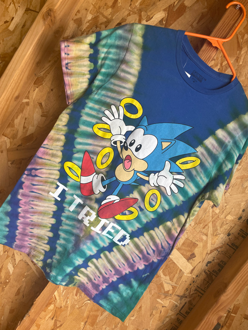 Medium Men’s Sonic the Hedgehog I Tried Handmade Tie Dye T-Shirt | Blue and Yellow Pastel Pleated Tie Dye Short Sleeve