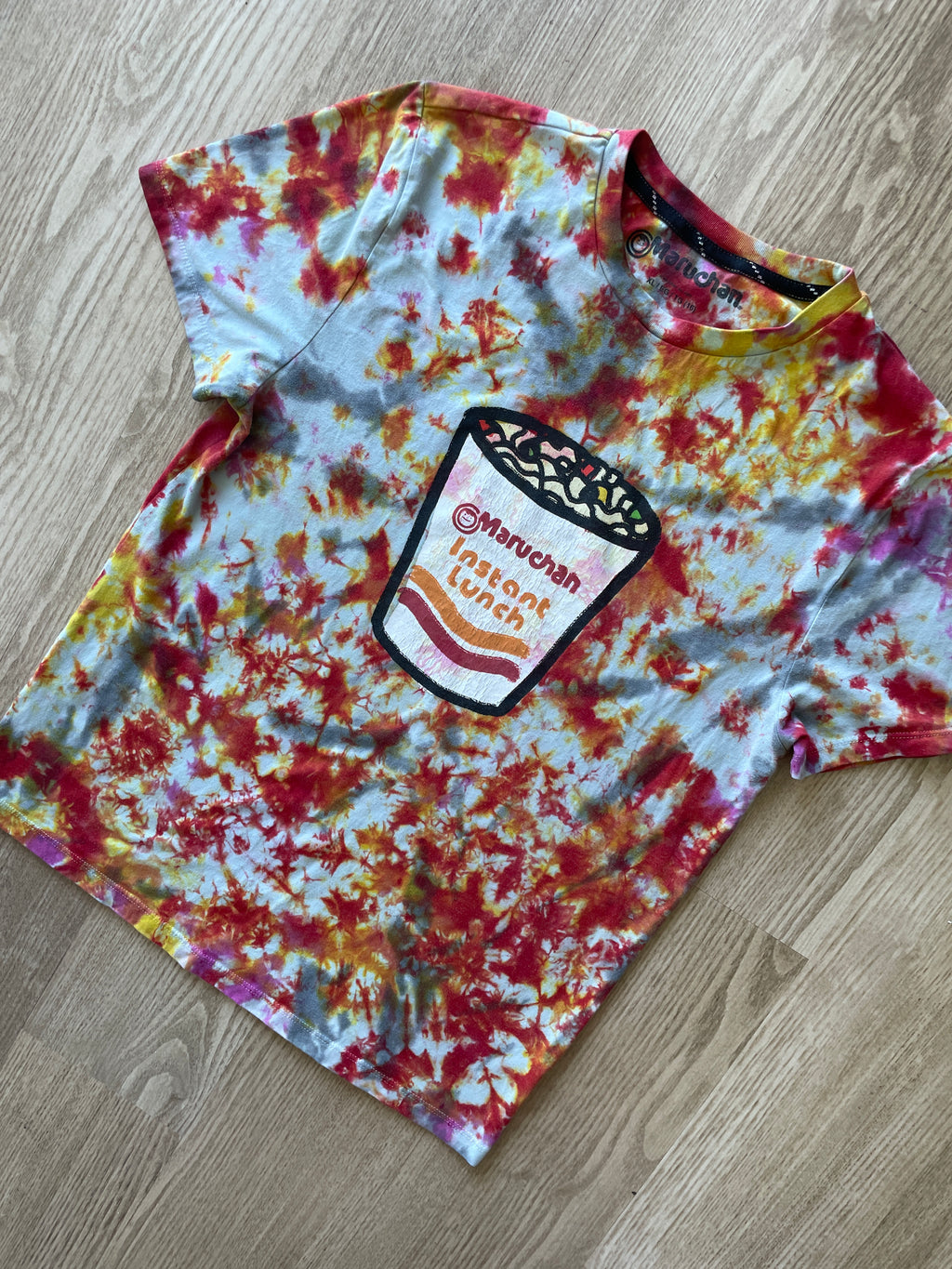 MEDIUM Men’s Maruchan Ramen Instant Lunch Handmade Tie Dye T-Shirt | One-Of-a-Kind Red, Yellow, and Orange Short Sleeve