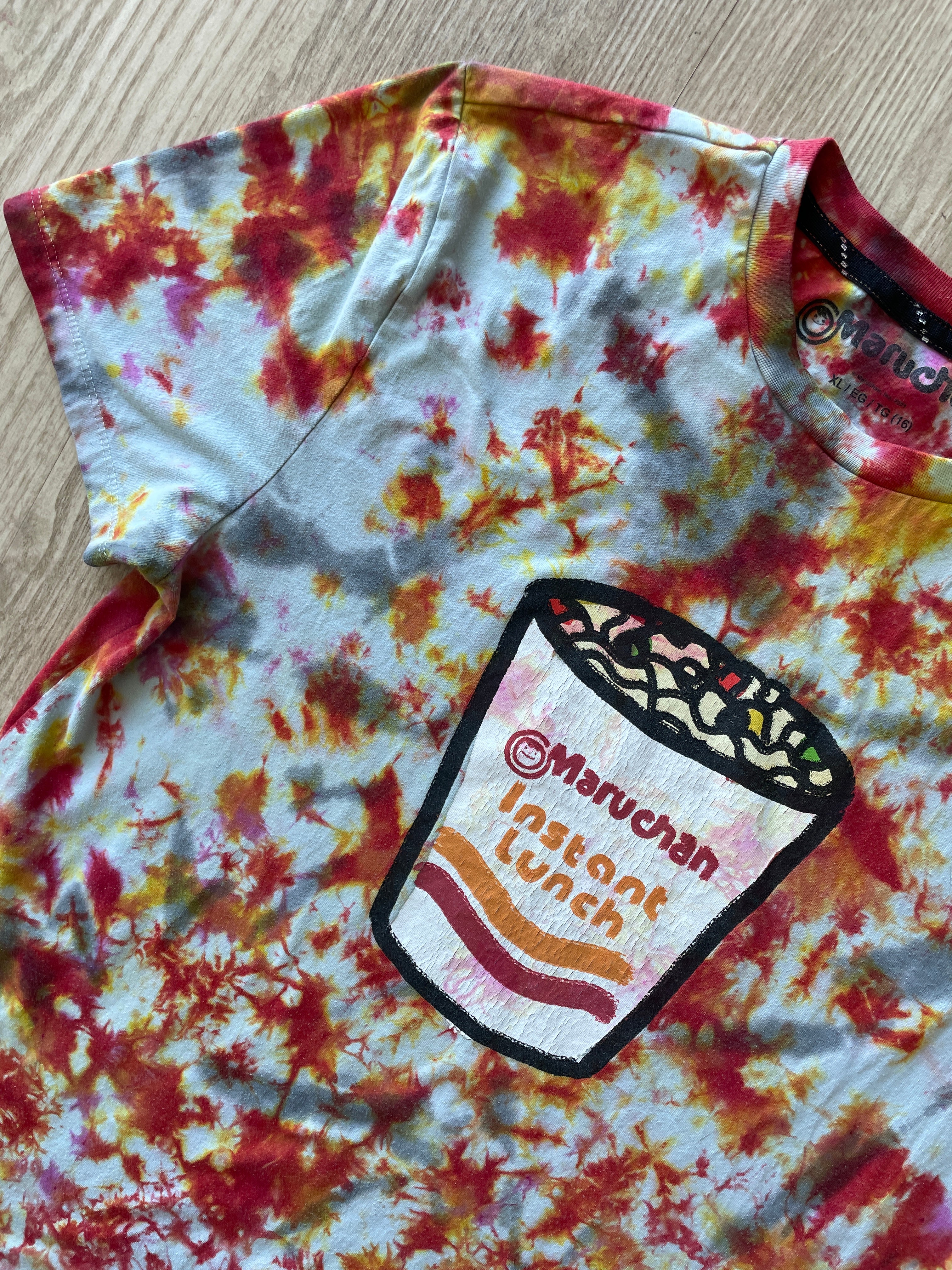 MEDIUM Men’s Maruchan Ramen Instant Lunch Handmade Tie Dye T-Shirt | One-Of-a-Kind Red, Yellow, and Orange Short Sleeve