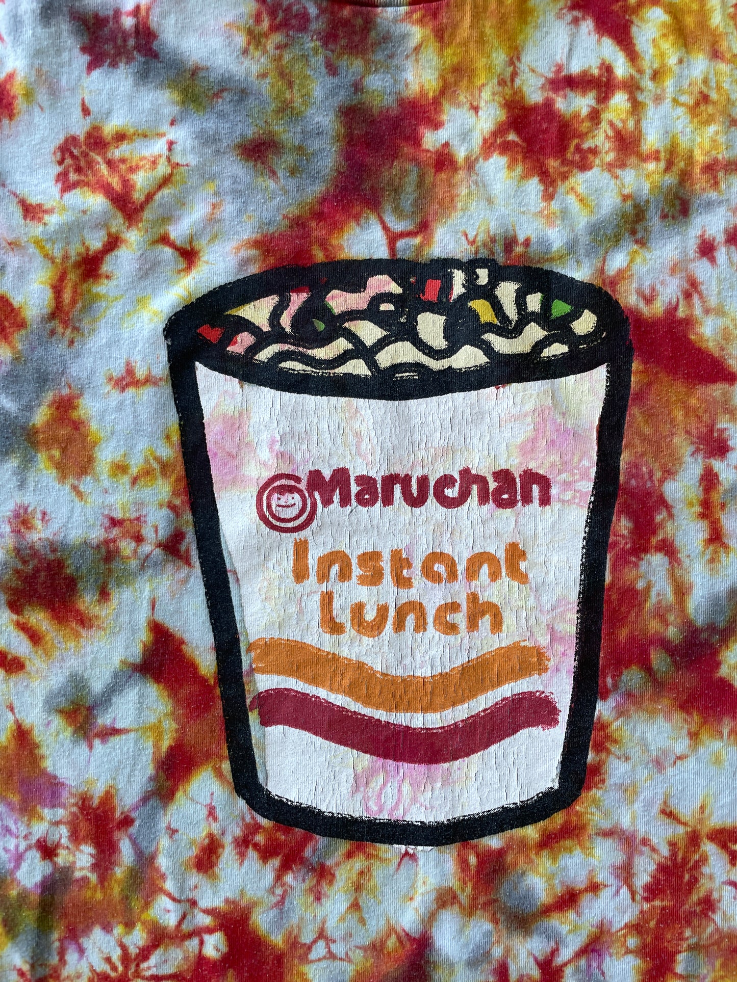 MEDIUM Men’s Maruchan Ramen Instant Lunch Handmade Tie Dye T-Shirt | One-Of-a-Kind Red, Yellow, and Orange Short Sleeve