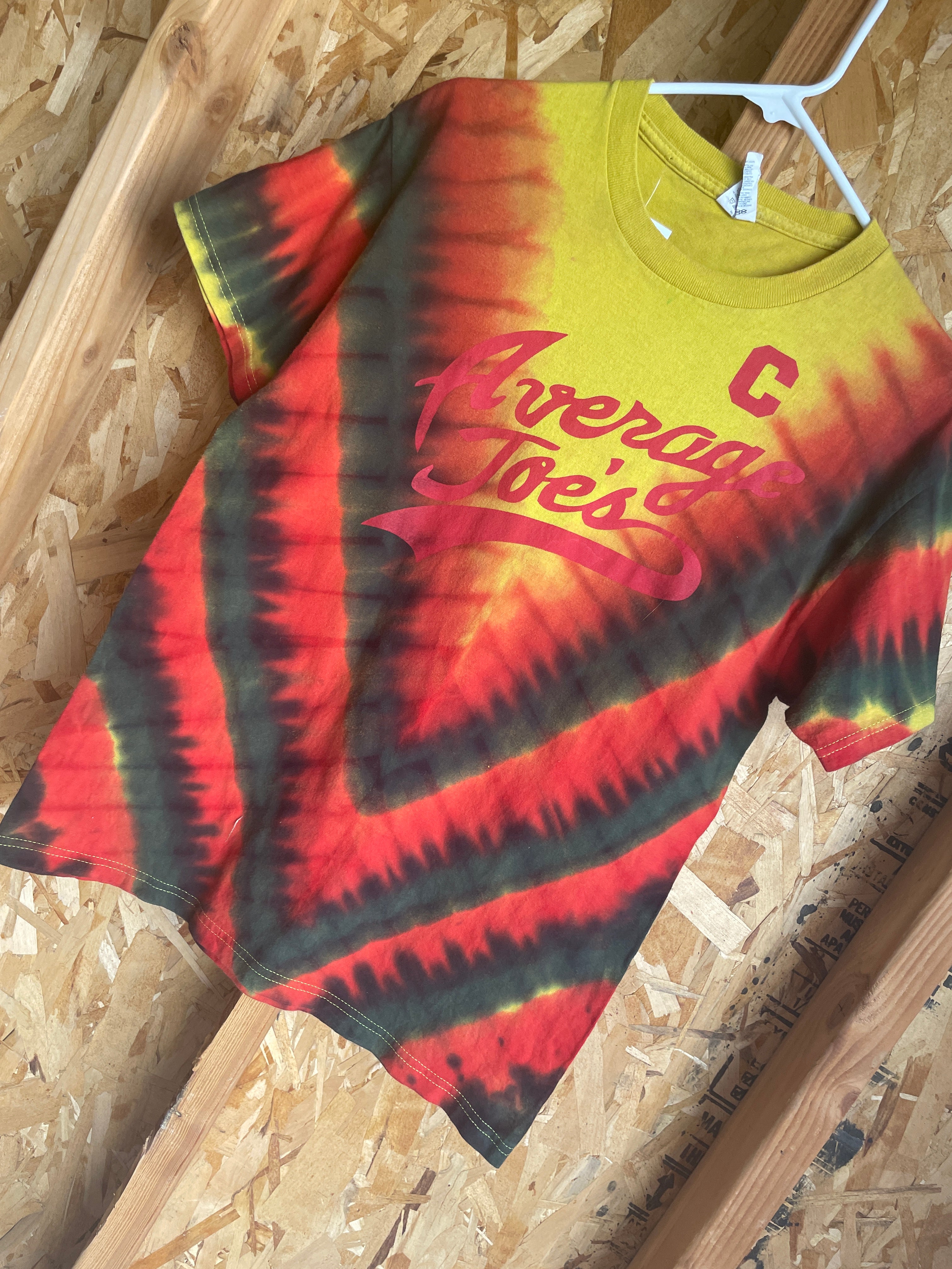 Medium Men’s Average Joe’s Handmade Tie Dye T-Shirt | Yellow, Red, and Black V-Pleated Tie Dye Short Sleeve