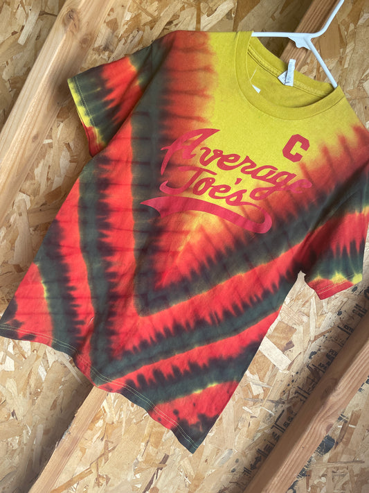 Medium Men’s Average Joe’s Handmade Tie Dye T-Shirt | Yellow, Red, and Black V-Pleated Tie Dye Short Sleeve