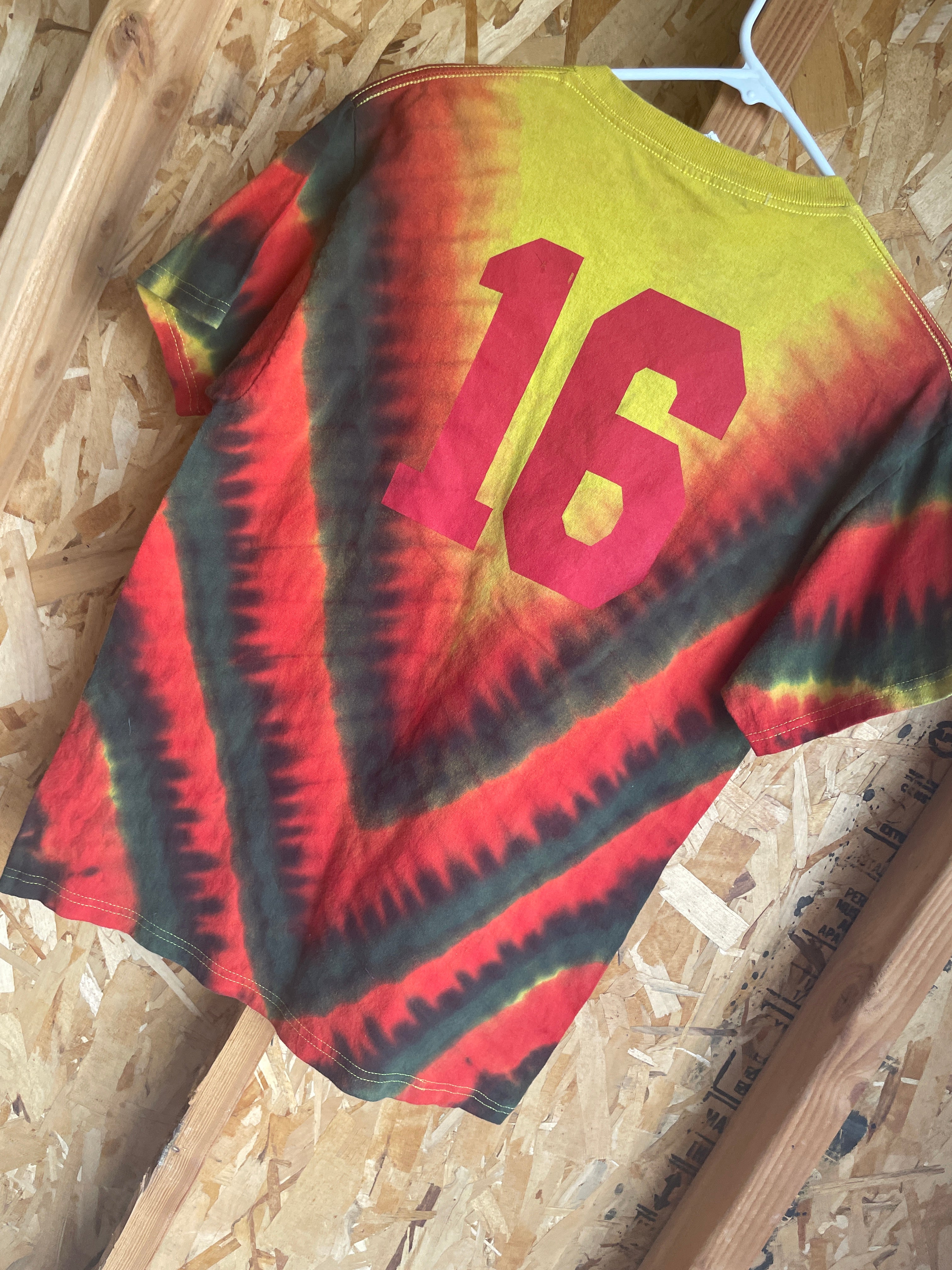 Medium Men’s Average Joe’s Handmade Tie Dye T-Shirt | Yellow, Red, and Black V-Pleated Tie Dye Short Sleeve