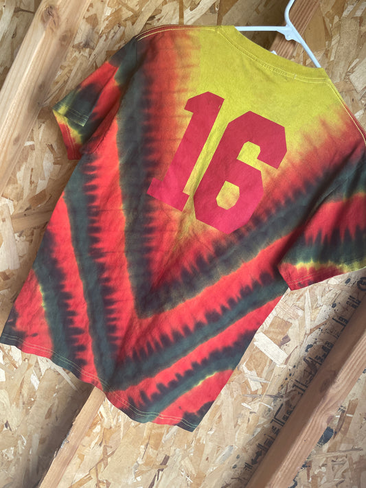 Medium Men’s Average Joe’s Handmade Tie Dye T-Shirt | Yellow, Red, and Black V-Pleated Tie Dye Short Sleeve