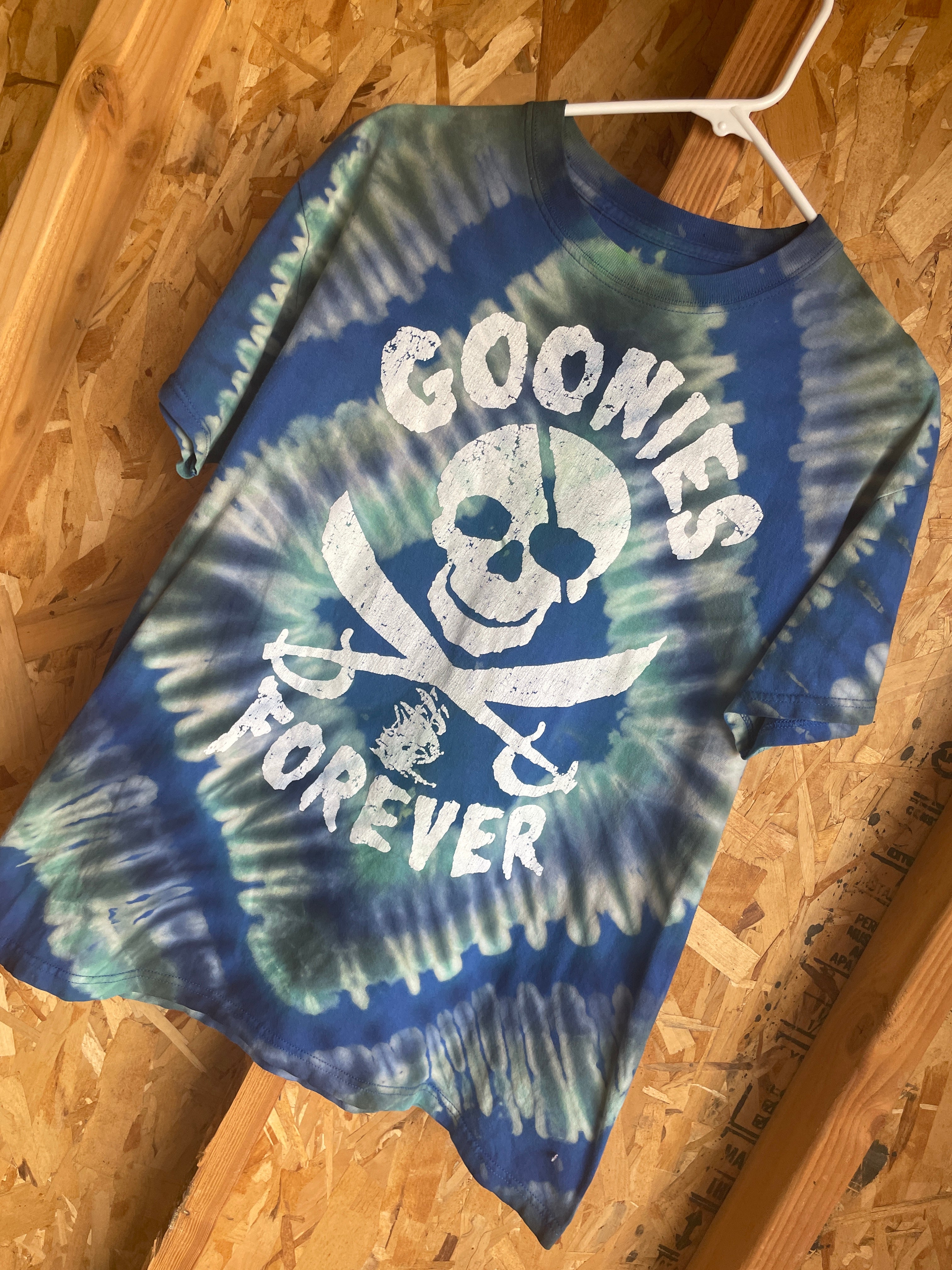 Medium Men’s Goonies Forever Handmade Tie Dye T-Shirt | Green and Blue Pleated Tie Dye Short Sleeve
