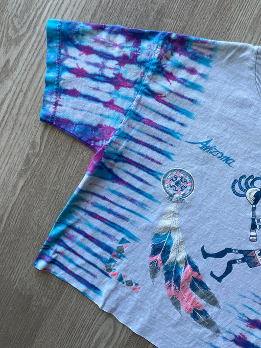 MEDIUM Men’s Vintage Arizona Kokopeli Handmade Tie Dye Cropped T-Shirt | One-Of-a-Kind Pastel Pink and Blue Sleeve Crop Top