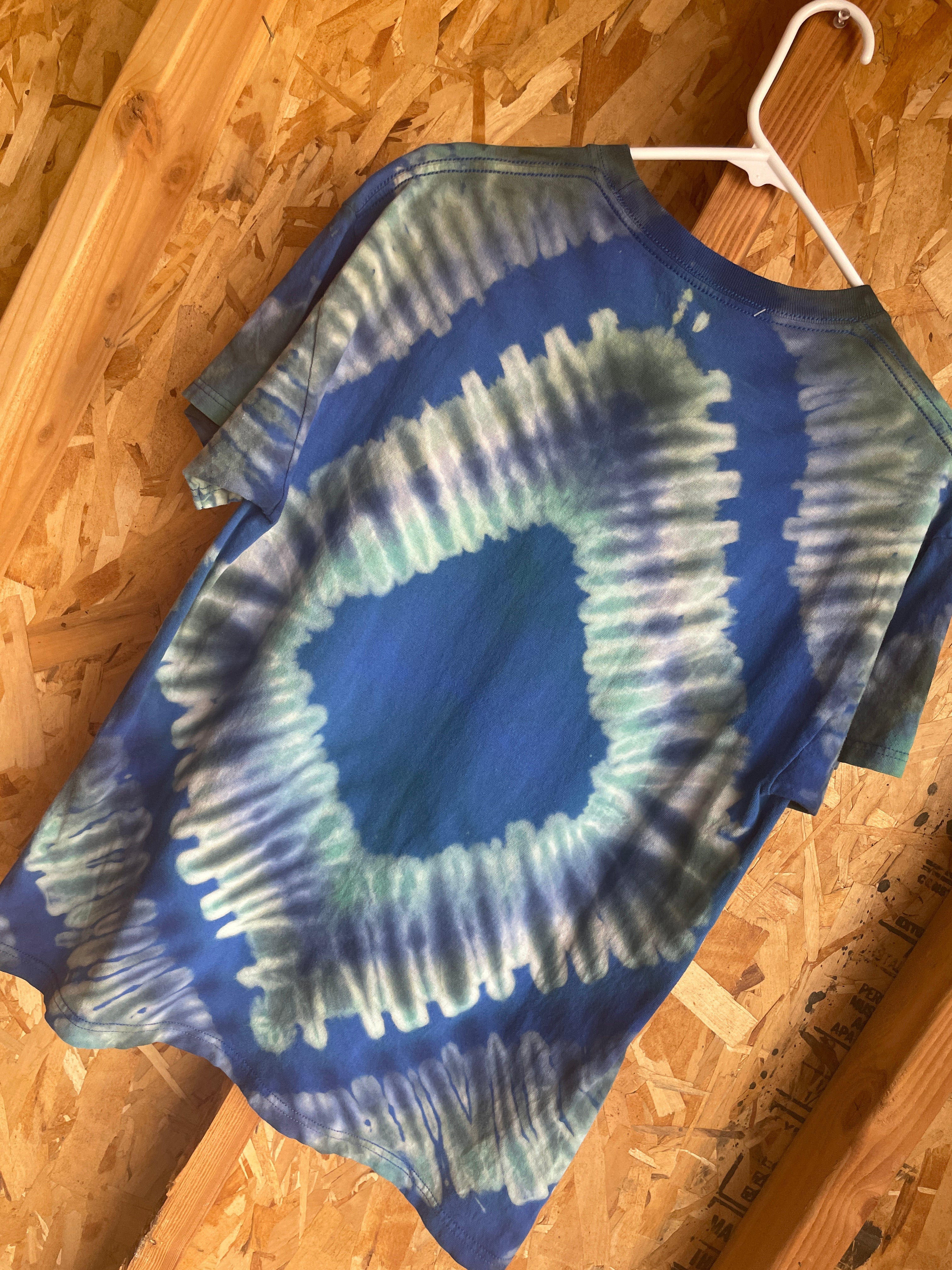 Medium Men’s Goonies Forever Handmade Tie Dye T-Shirt | Green and Blue Pleated Tie Dye Short Sleeve