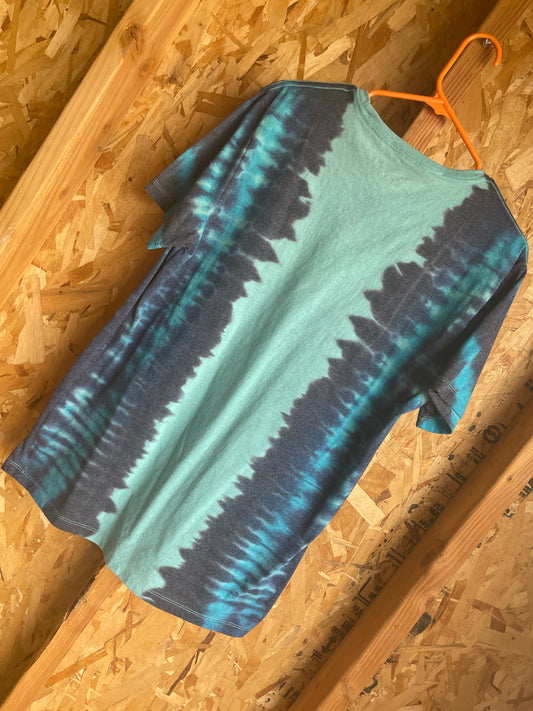 Medium/Large Men’s Blondie Handmade Tie Dye T-Shirt | Green, Blue, and Black Pleated Tie Dye Short Sleeve