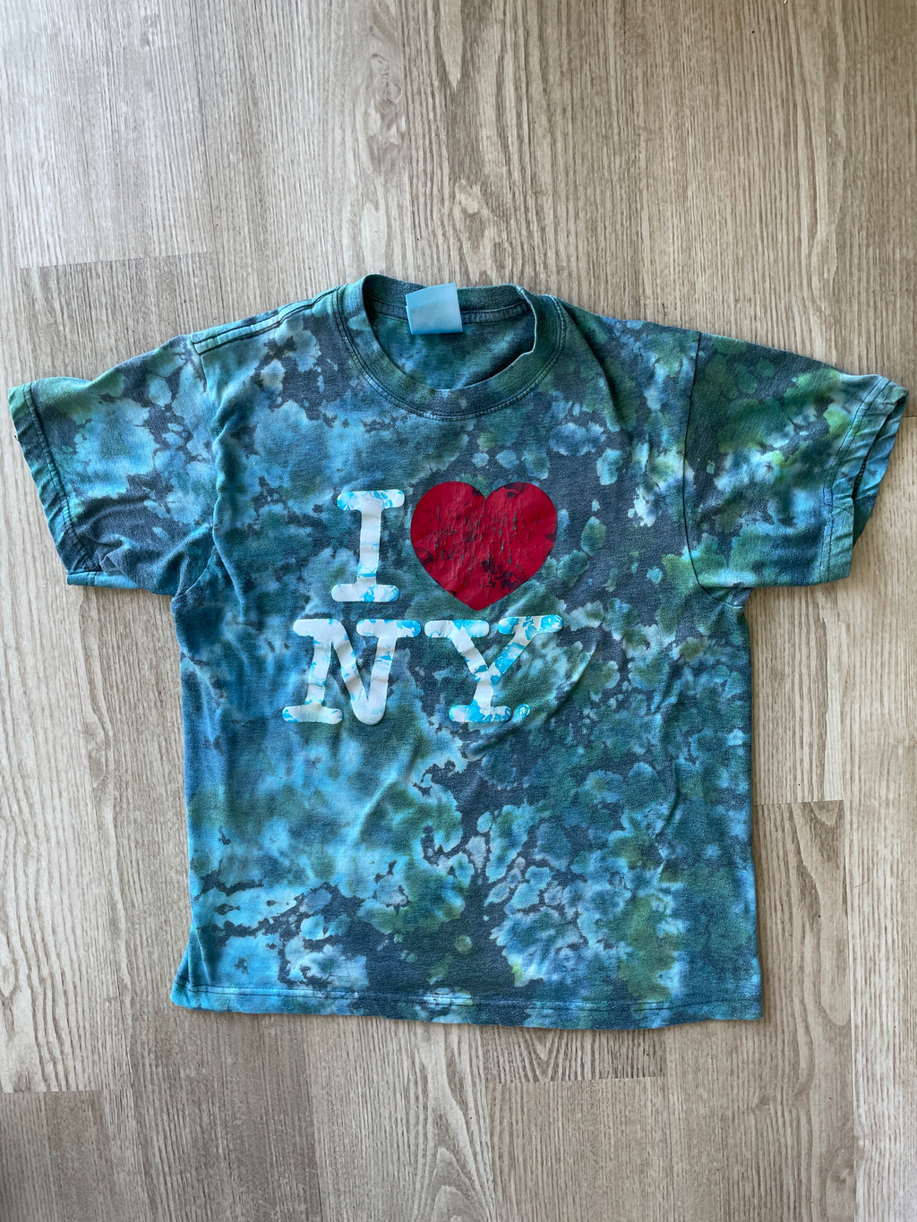 SMALL Men’s I Heart NY Handmade Tie Dye T-Shirt | One-Of-a-Kind Blue and Green Short Sleeve