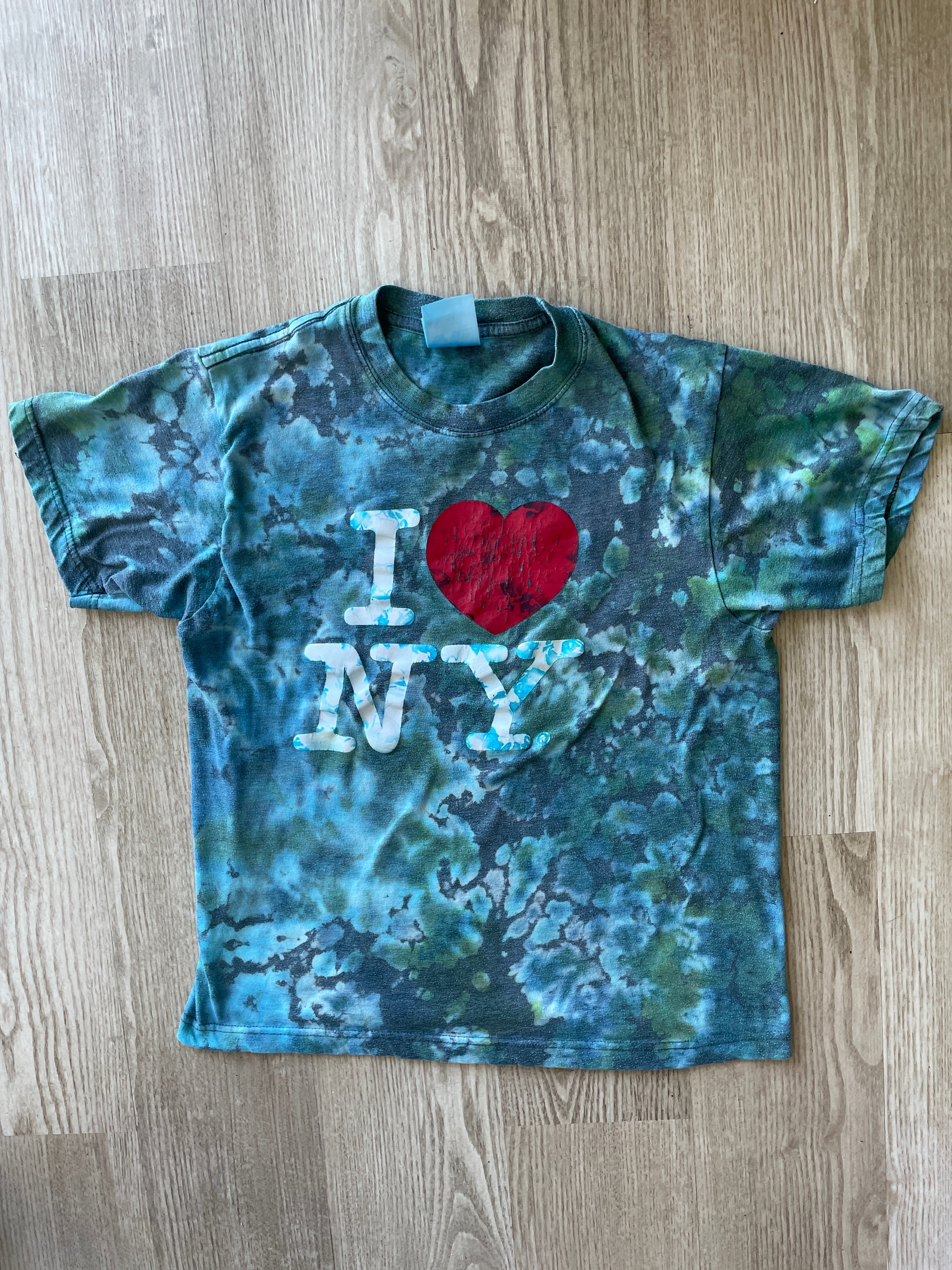 SMALL Men’s I Heart NY Handmade Tie Dye T-Shirt | One-Of-a-Kind Blue and Green Short Sleeve