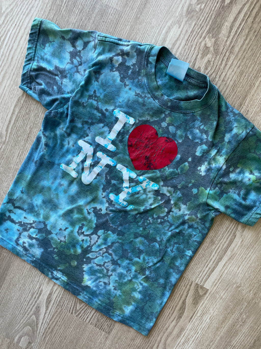 SMALL Men’s I Heart NY Handmade Tie Dye T-Shirt | One-Of-a-Kind Blue and Green Short Sleeve