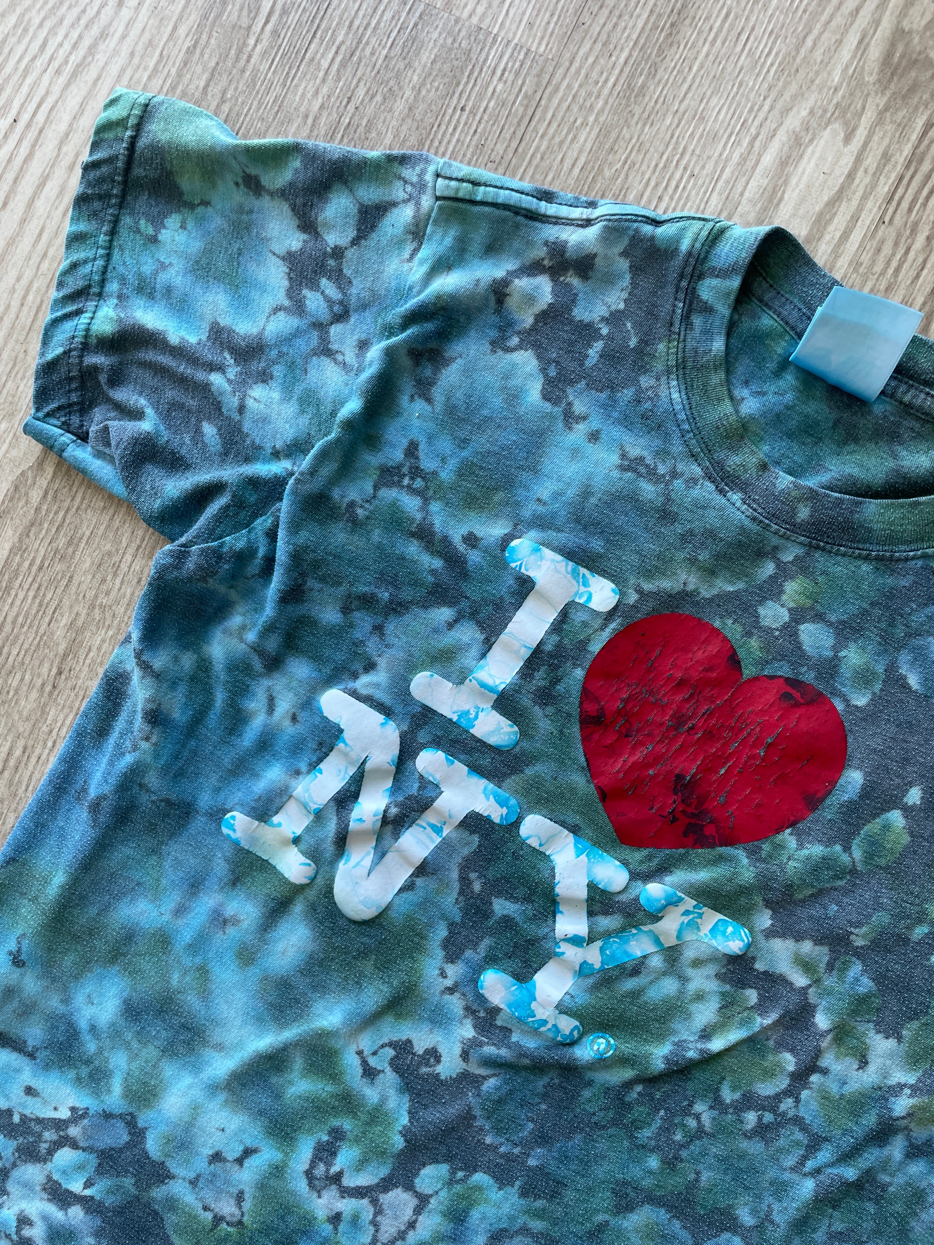SMALL Men’s I Heart NY Handmade Tie Dye T-Shirt | One-Of-a-Kind Blue and Green Short Sleeve