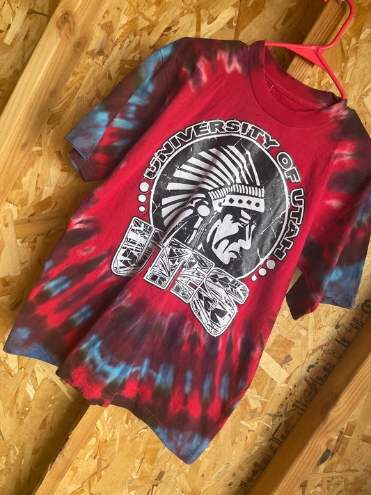 Medium Men’s University of Utah Headress Handmade Tie Dye T-Shirt | Red and Black Pleated Tie Dye Short Sleeve