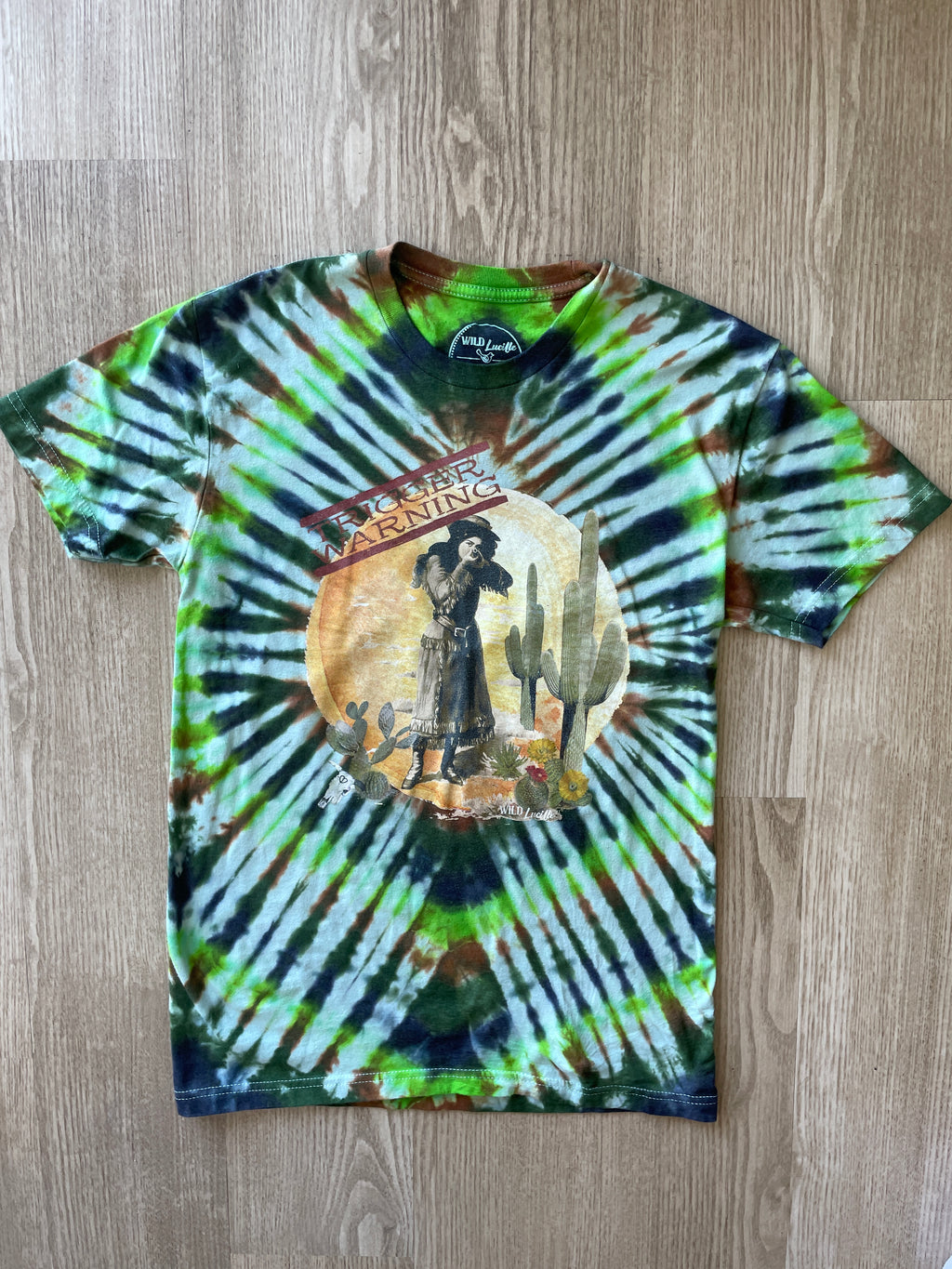 XS Men’s Wild Lucille Trigger Warning Handmade Tie Dye T-Shirt | One-Of-a-Kind Green and Brown Pleated Short Sleeve
