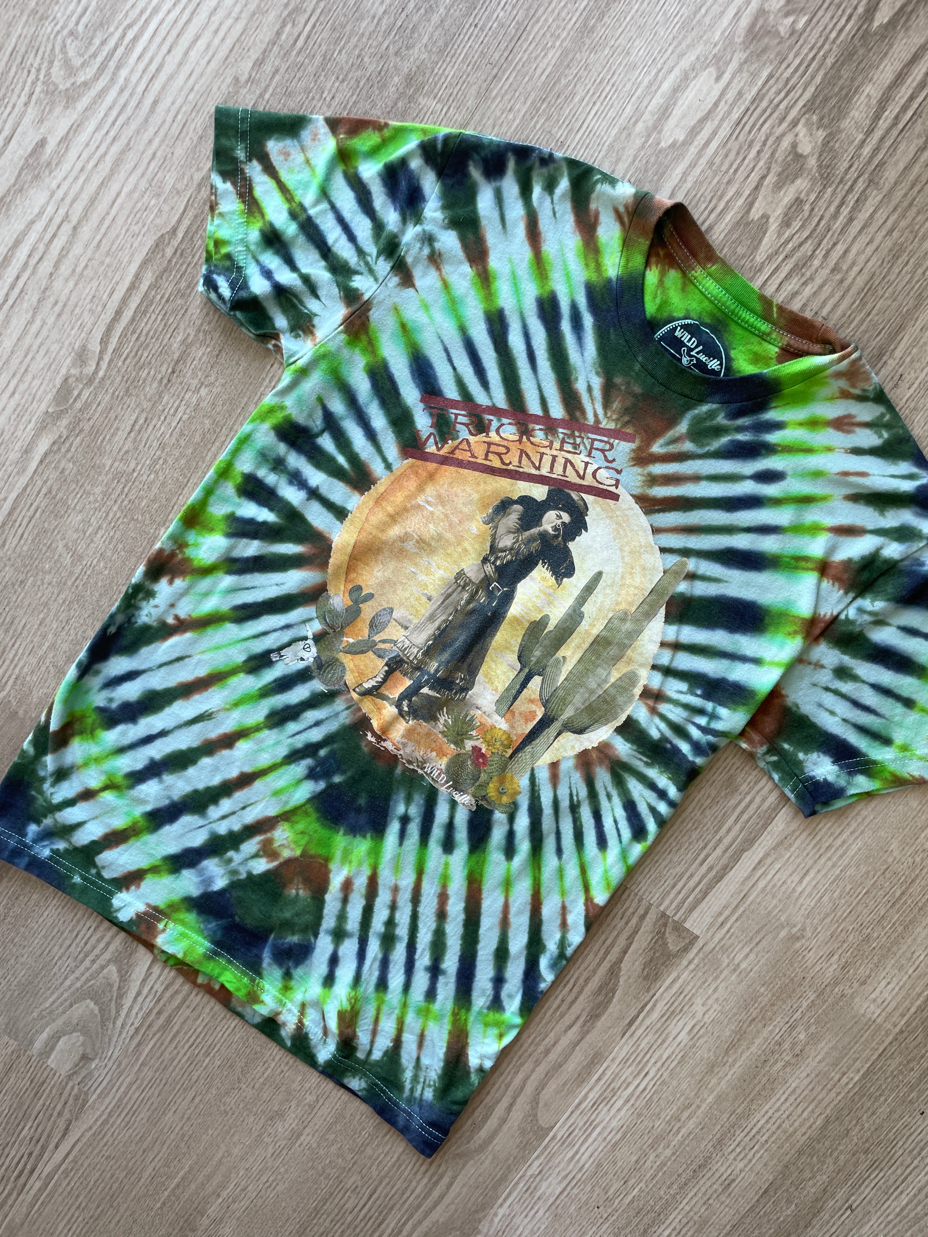 XS Men’s Wild Lucille Trigger Warning Handmade Tie Dye T-Shirt | One-Of-a-Kind Green and Brown Pleated Short Sleeve