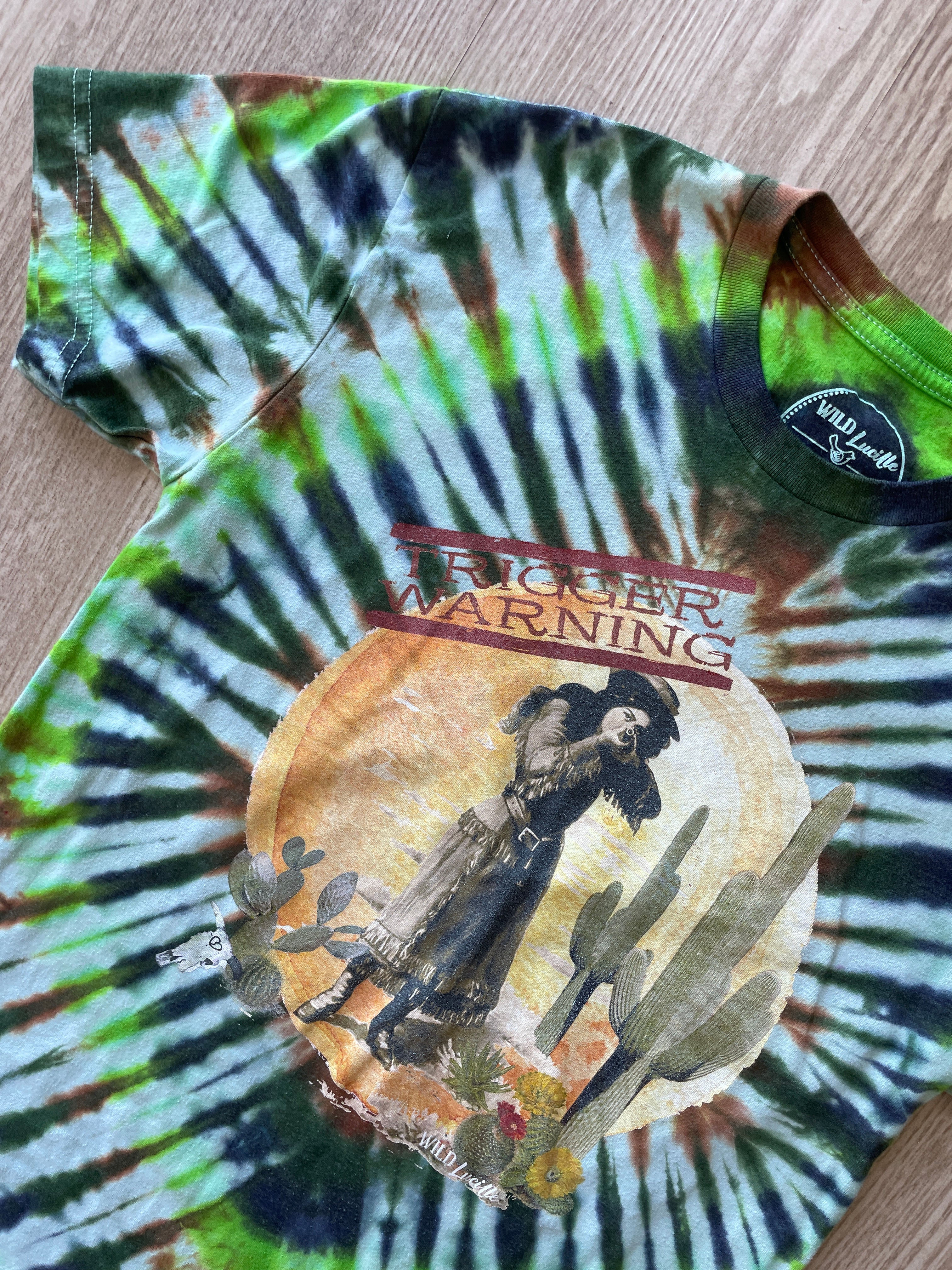 XS Men’s Wild Lucille Trigger Warning Handmade Tie Dye T-Shirt | One-Of-a-Kind Green and Brown Pleated Short Sleeve