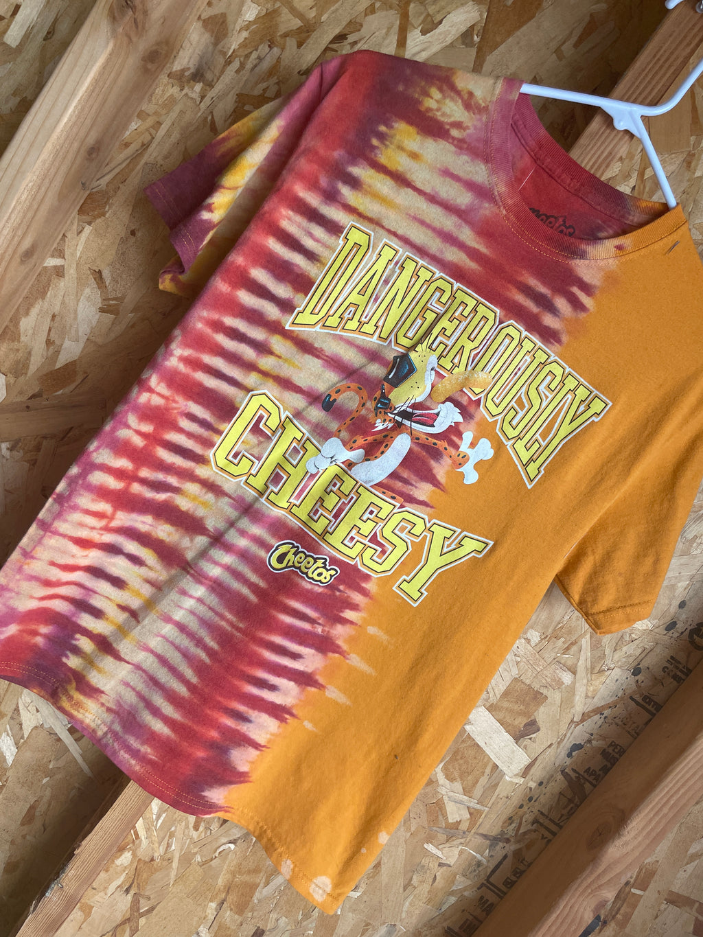 Medium Men’s Cheeto’s Dangerously Cheesy Handmade Tie Dye T-Shirt | Orange and Red Pleated Tie Dye Short Sleeve