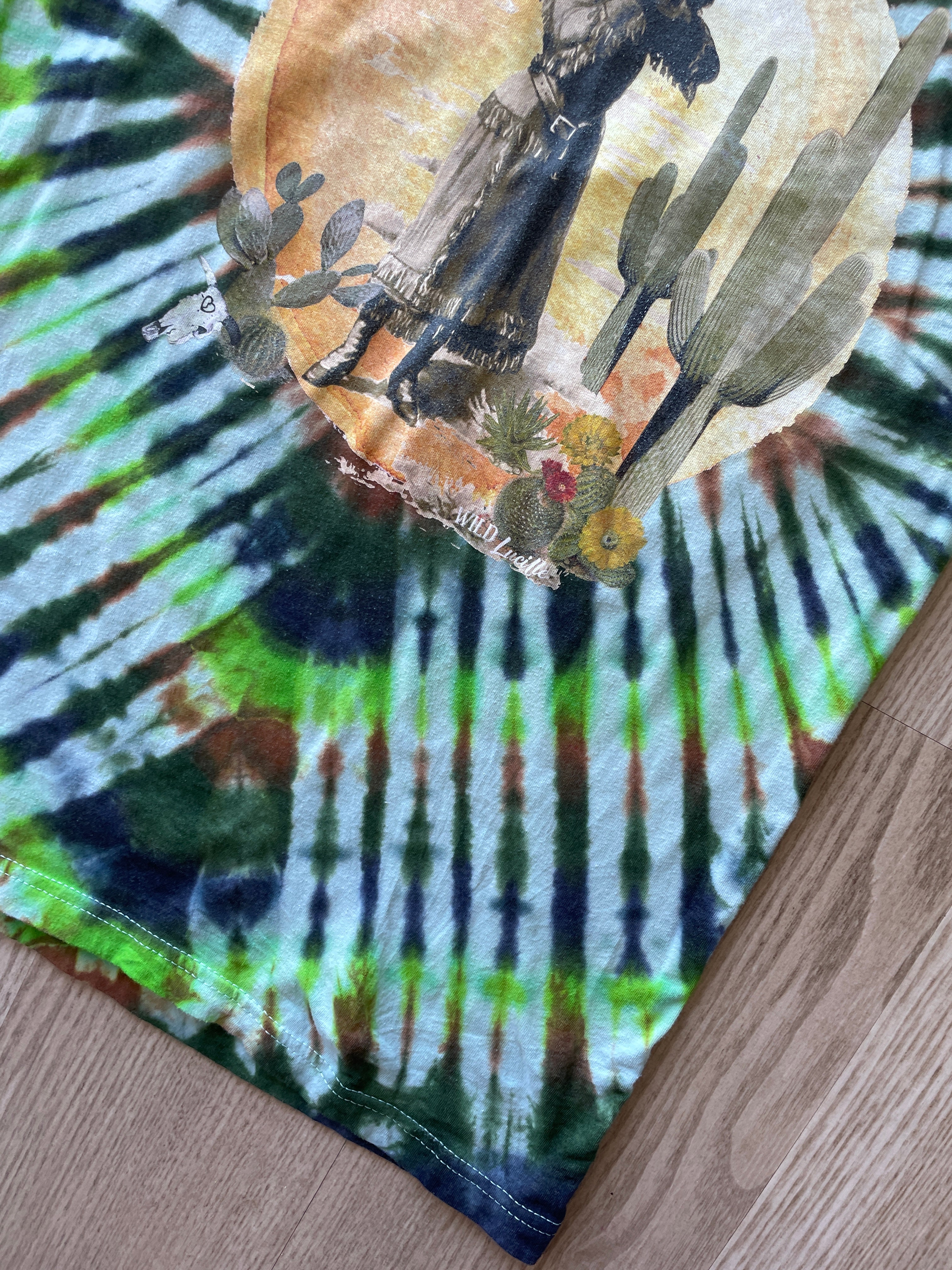 XS Men’s Wild Lucille Trigger Warning Handmade Tie Dye T-Shirt | One-Of-a-Kind Green and Brown Pleated Short Sleeve