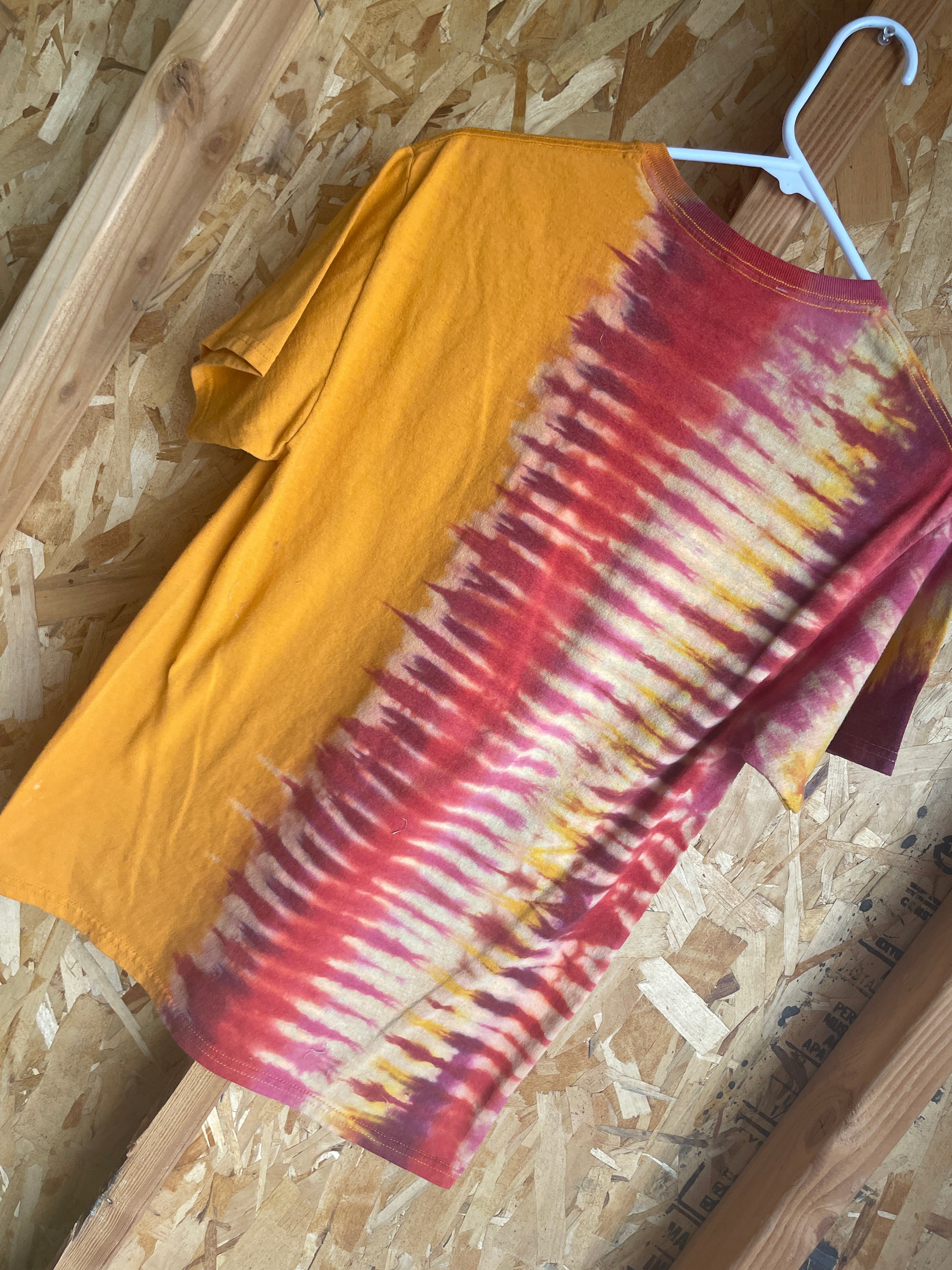 Medium Men’s Cheeto’s Dangerously Cheesy Handmade Tie Dye T-Shirt | Orange and Red Pleated Tie Dye Short Sleeve