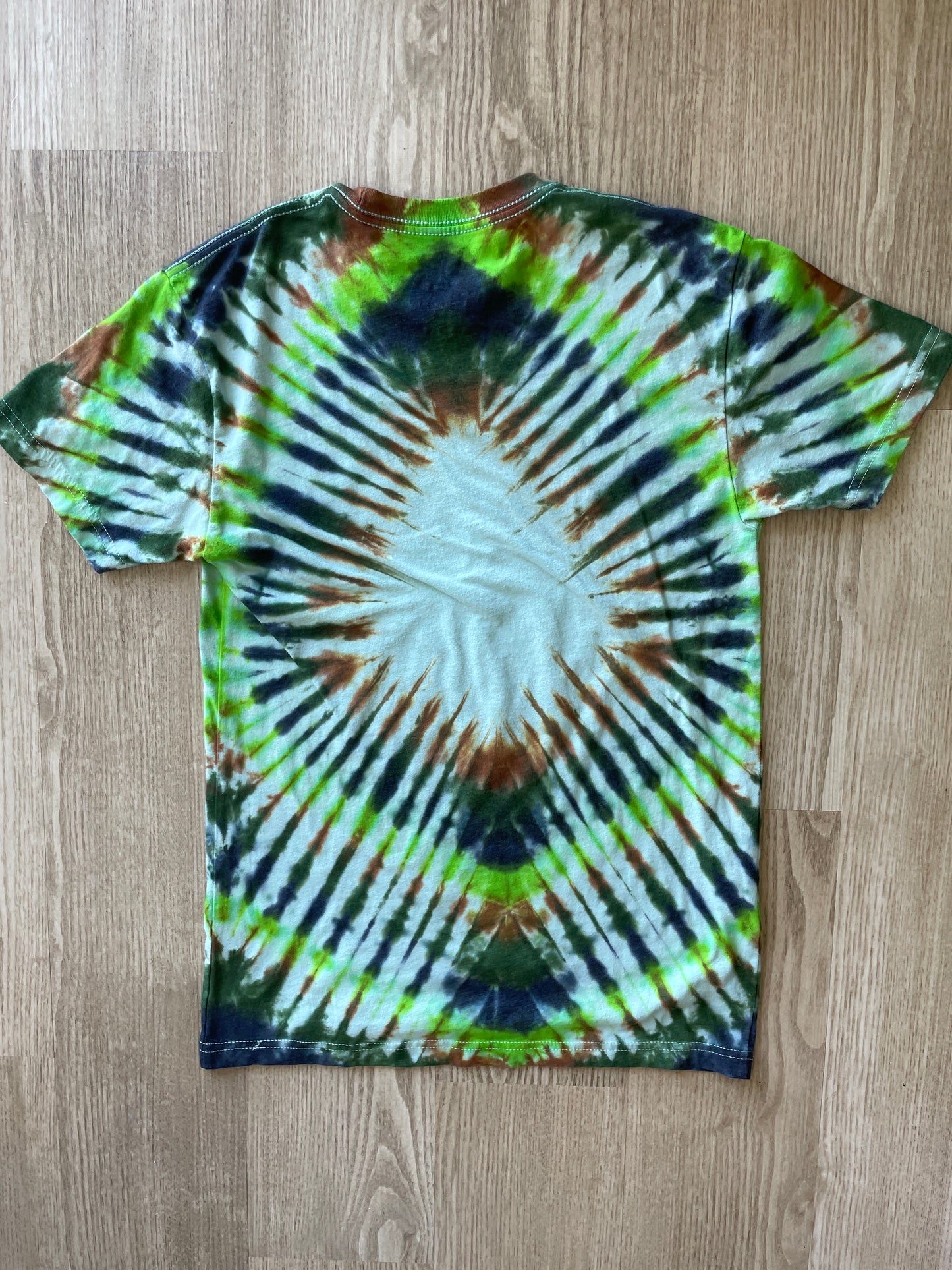 XS Men’s Wild Lucille Trigger Warning Handmade Tie Dye T-Shirt | One-Of-a-Kind Green and Brown Pleated Short Sleeve