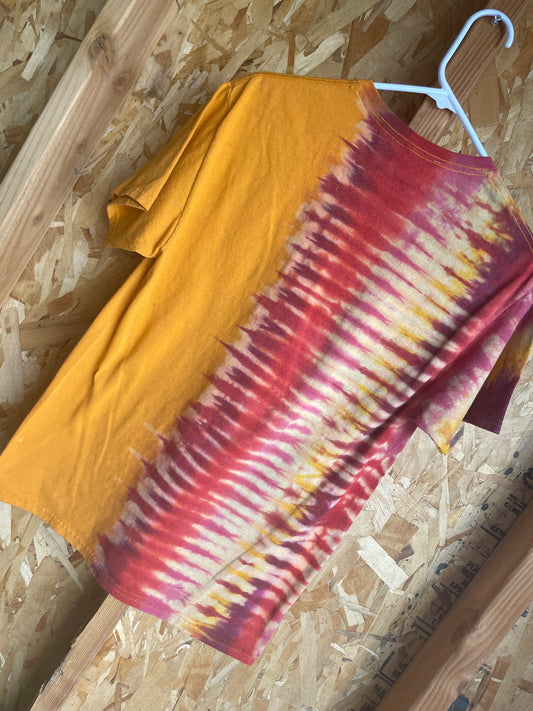 Medium Men’s Cheeto’s Dangerously Cheesy Handmade Tie Dye T-Shirt | Orange and Red Pleated Tie Dye Short Sleeve