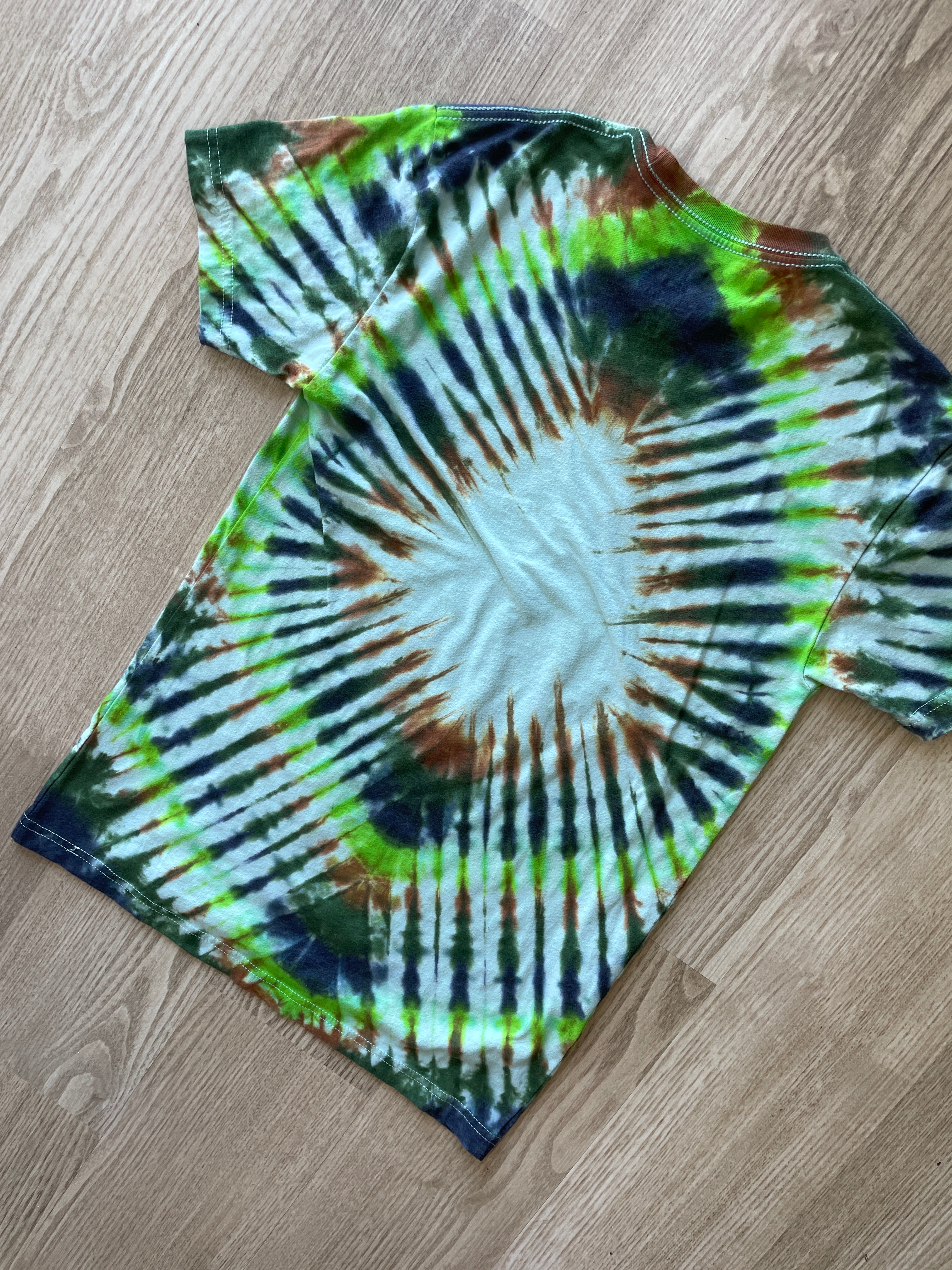 XS Men’s Wild Lucille Trigger Warning Handmade Tie Dye T-Shirt | One-Of-a-Kind Green and Brown Pleated Short Sleeve