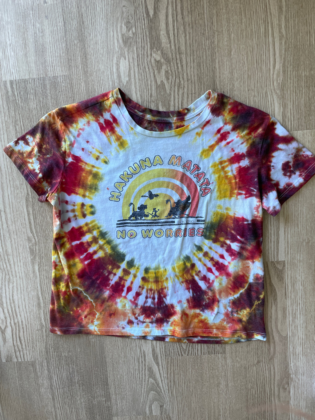 2XL Women’s Lion King Hakuna Matata Handmade Tie Dye T-Shirt | One-Of-a-Kind Red and Yellow Crumpled Short Sleeve