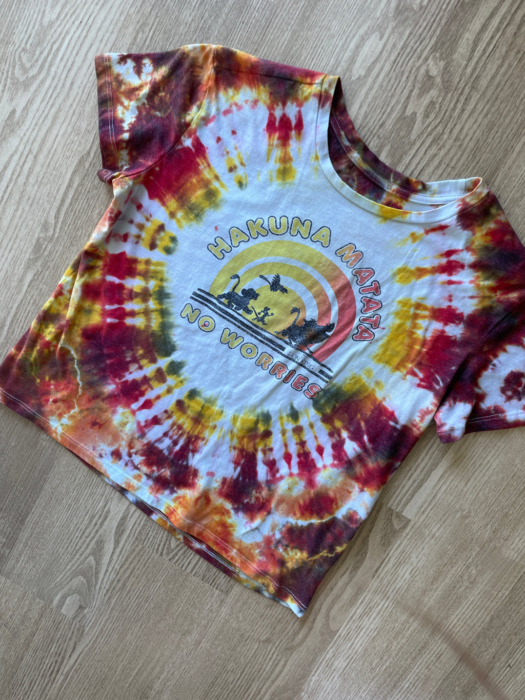 2XL Women’s Lion King Hakuna Matata Handmade Tie Dye T-Shirt | One-Of-a-Kind Red and Yellow Crumpled Short Sleeve