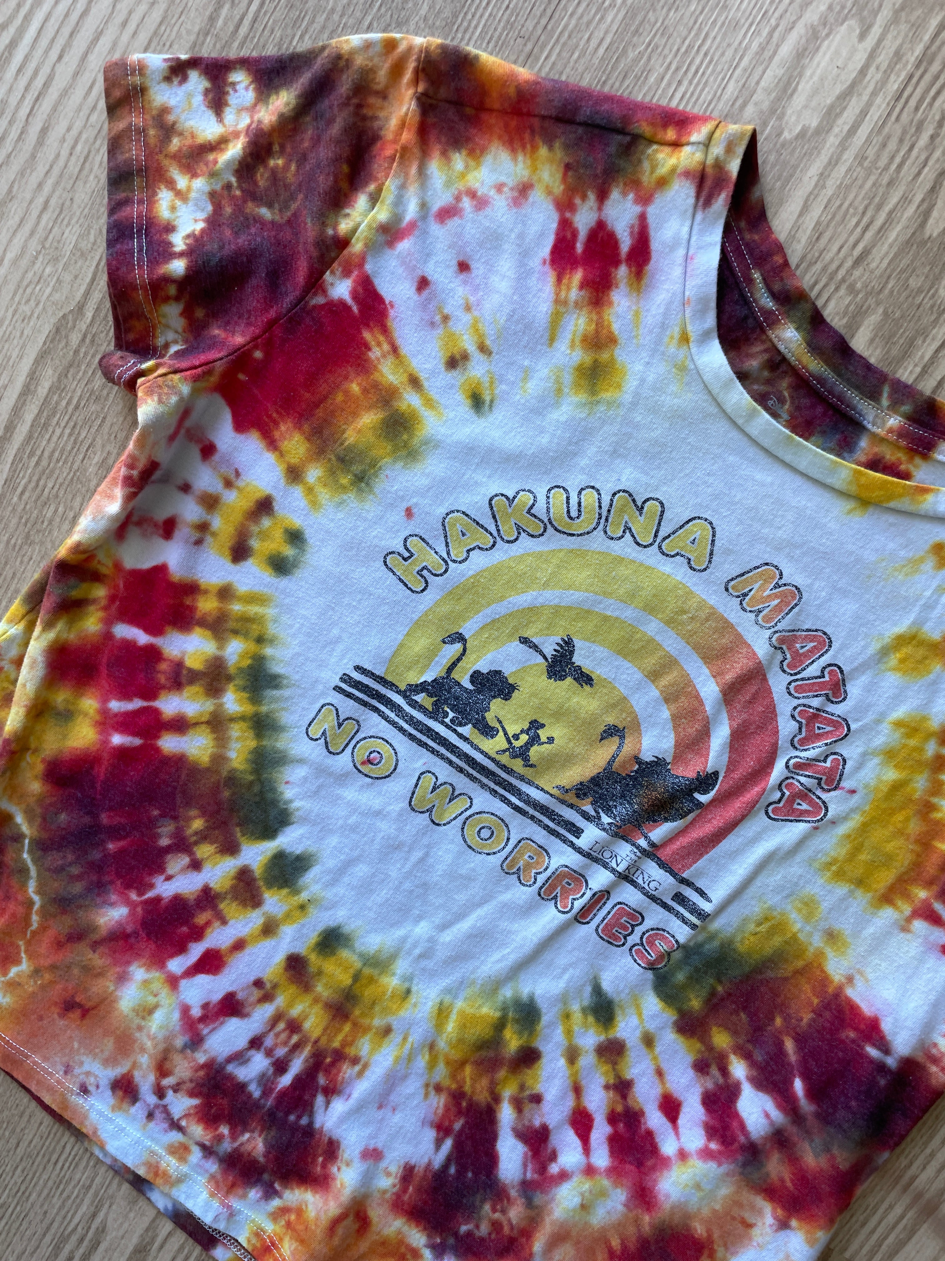 2XL Women’s Lion King Hakuna Matata Handmade Tie Dye T-Shirt | One-Of-a-Kind Red and Yellow Crumpled Short Sleeve
