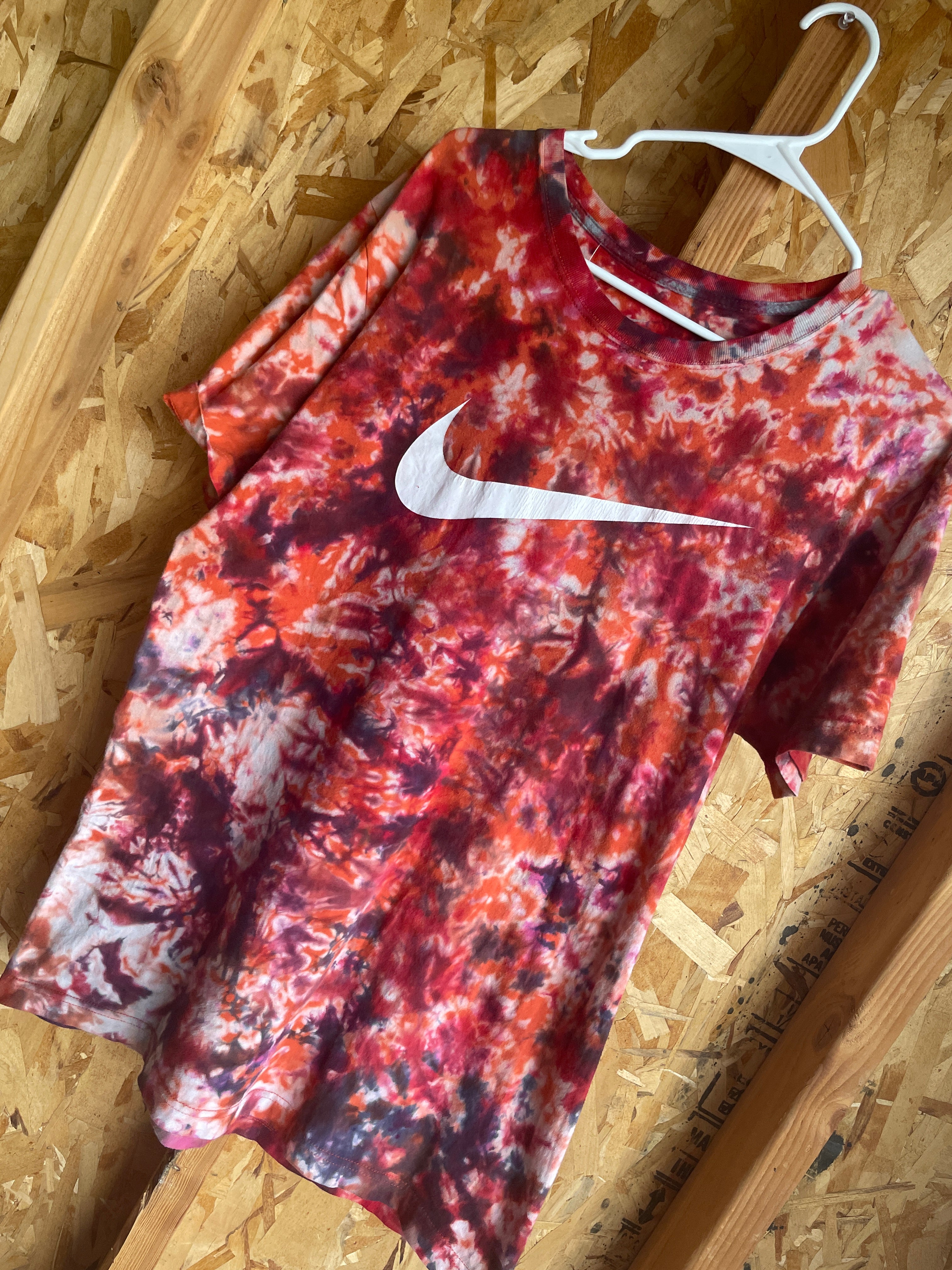 Large Men’s Nike Swoosh Handmade Tie Dye T-Shirt | Orange, Pink, and Red Crumpled Tie Dye Short Sleeve