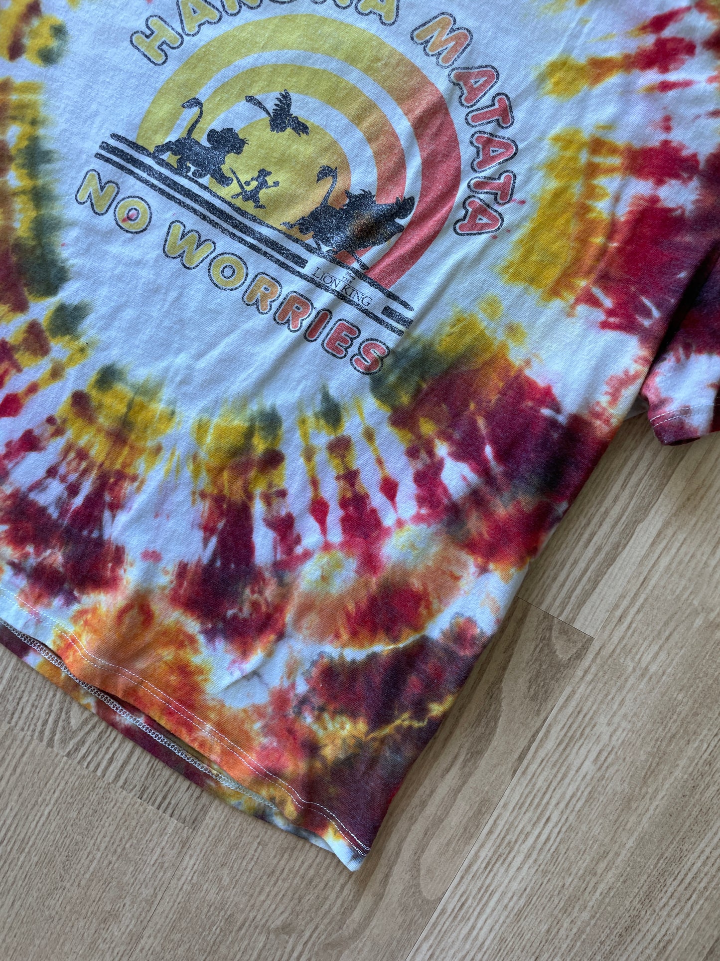 2XL Women’s Lion King Hakuna Matata Handmade Tie Dye T-Shirt | One-Of-a-Kind Red and Yellow Crumpled Short Sleeve