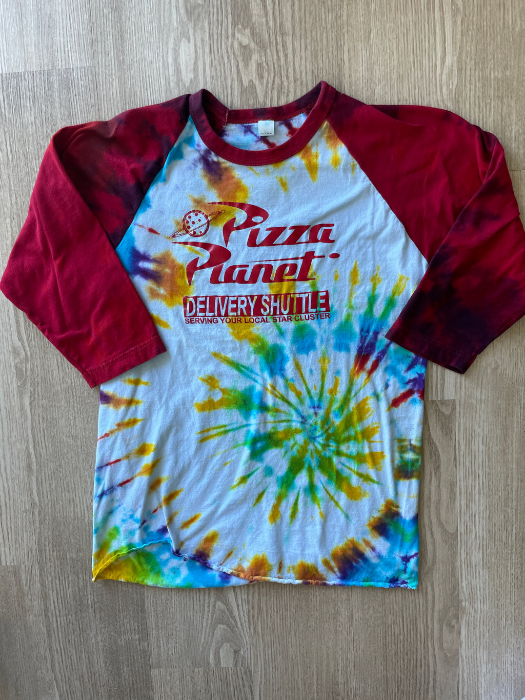 MEDIUM Men’s Pizza Planet Handmade Tie Dye Baseball Tee | One-Of-a-Kind White, Red, and Rainbow Spiral Short Sleeve