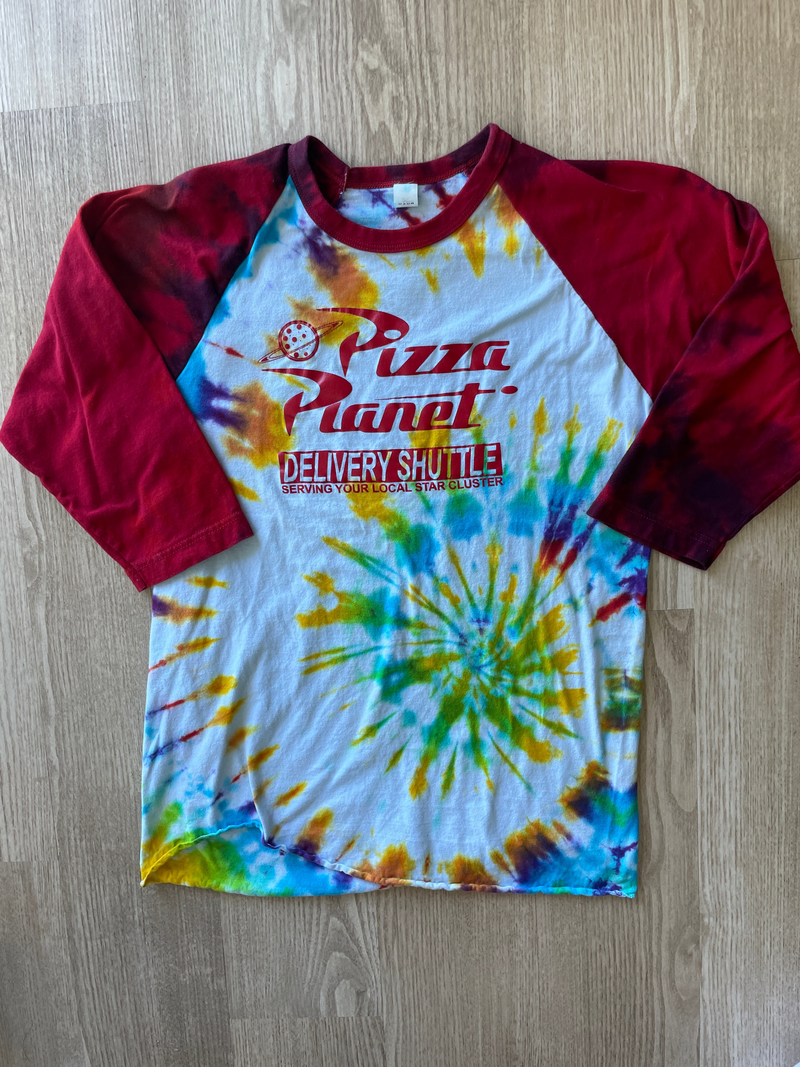 MEDIUM Men’s Pizza Planet Handmade Tie Dye Baseball Tee | One-Of-a-Kind White, Red, and Rainbow Spiral Short Sleeve