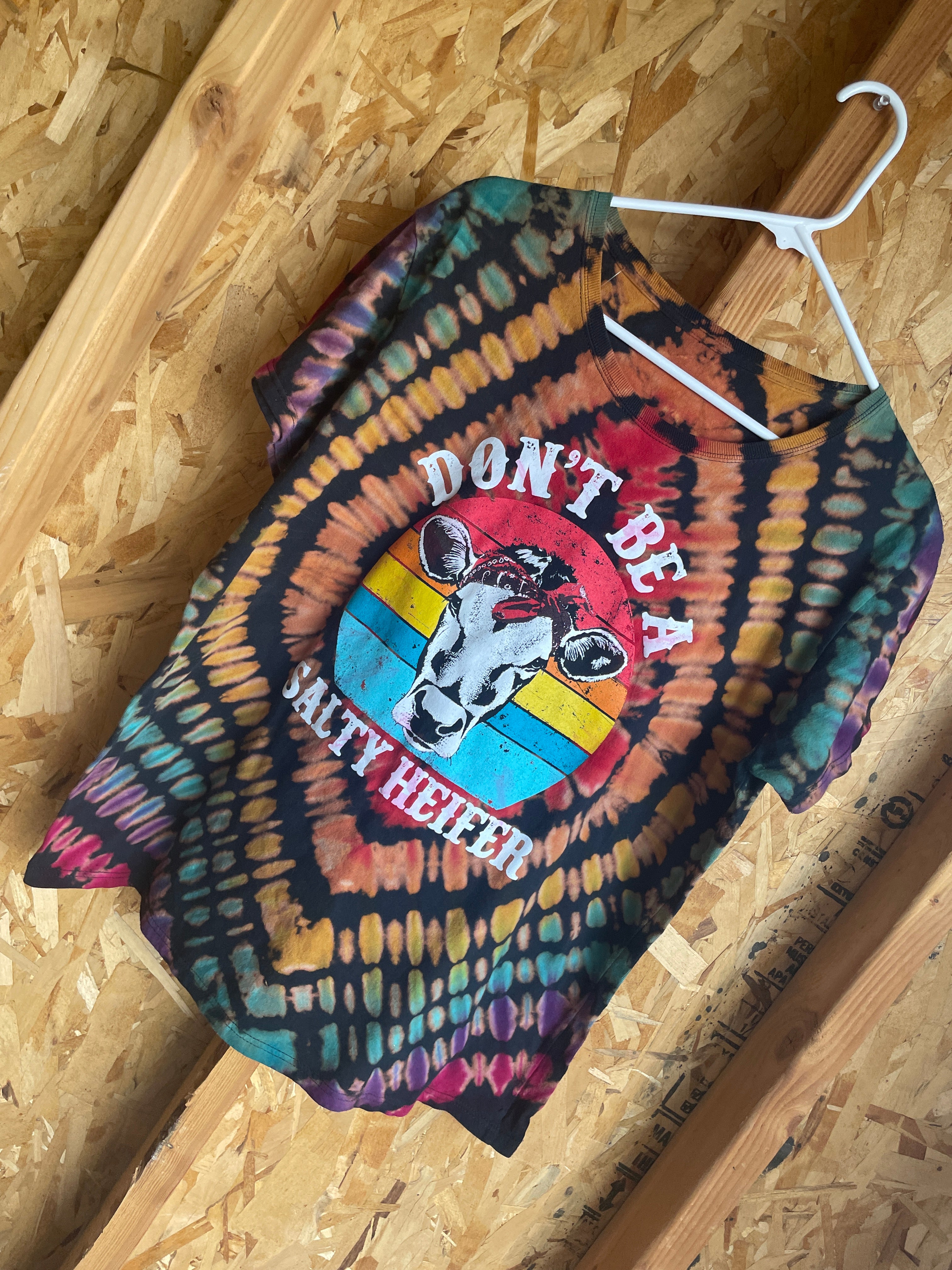 Large Men’s Don’t Be A Salty Heiffer Handmade Tie Dye T-Shirt | Rainbow Cow Pleated Tie Dye Short Sleeve