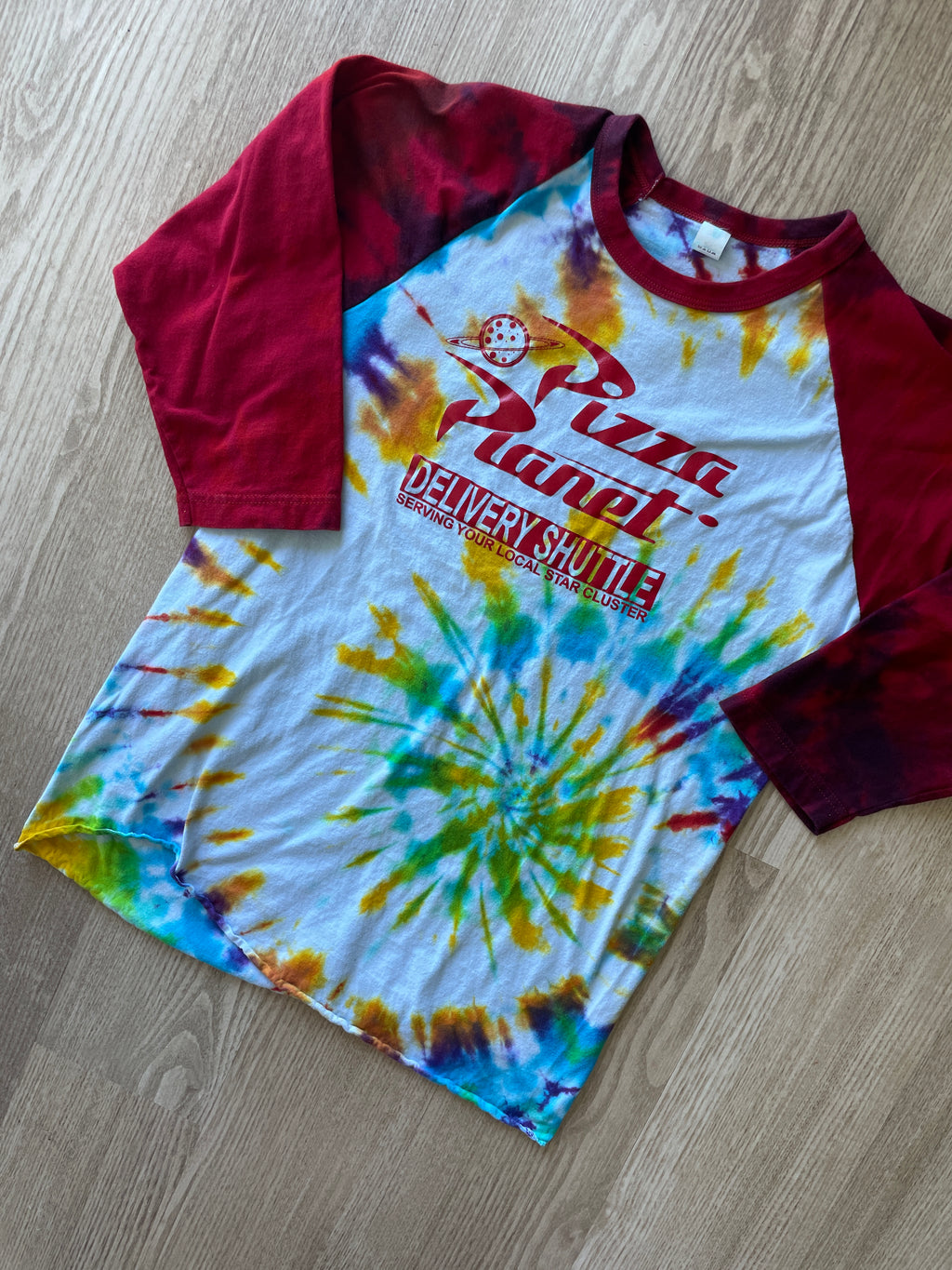MEDIUM Men’s Pizza Planet Handmade Tie Dye Baseball Tee | One-Of-a-Kind White, Red, and Rainbow Spiral Short Sleeve