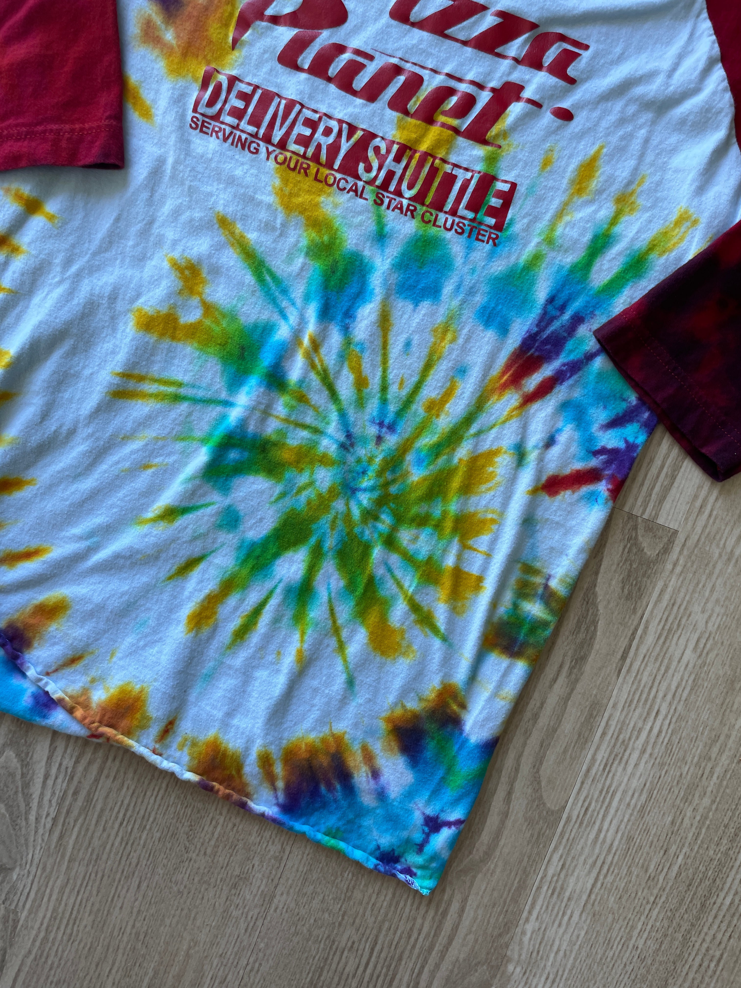 MEDIUM Men’s Pizza Planet Handmade Tie Dye Baseball Tee | One-Of-a-Kind White, Red, and Rainbow Spiral Short Sleeve