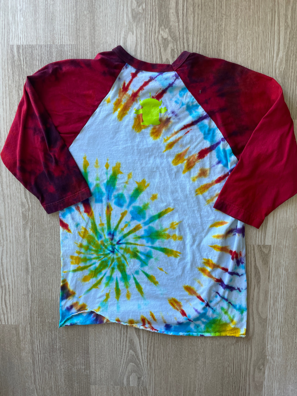 MEDIUM Men’s Pizza Planet Handmade Tie Dye Baseball Tee | One-Of-a-Kind White, Red, and Rainbow Spiral Short Sleeve