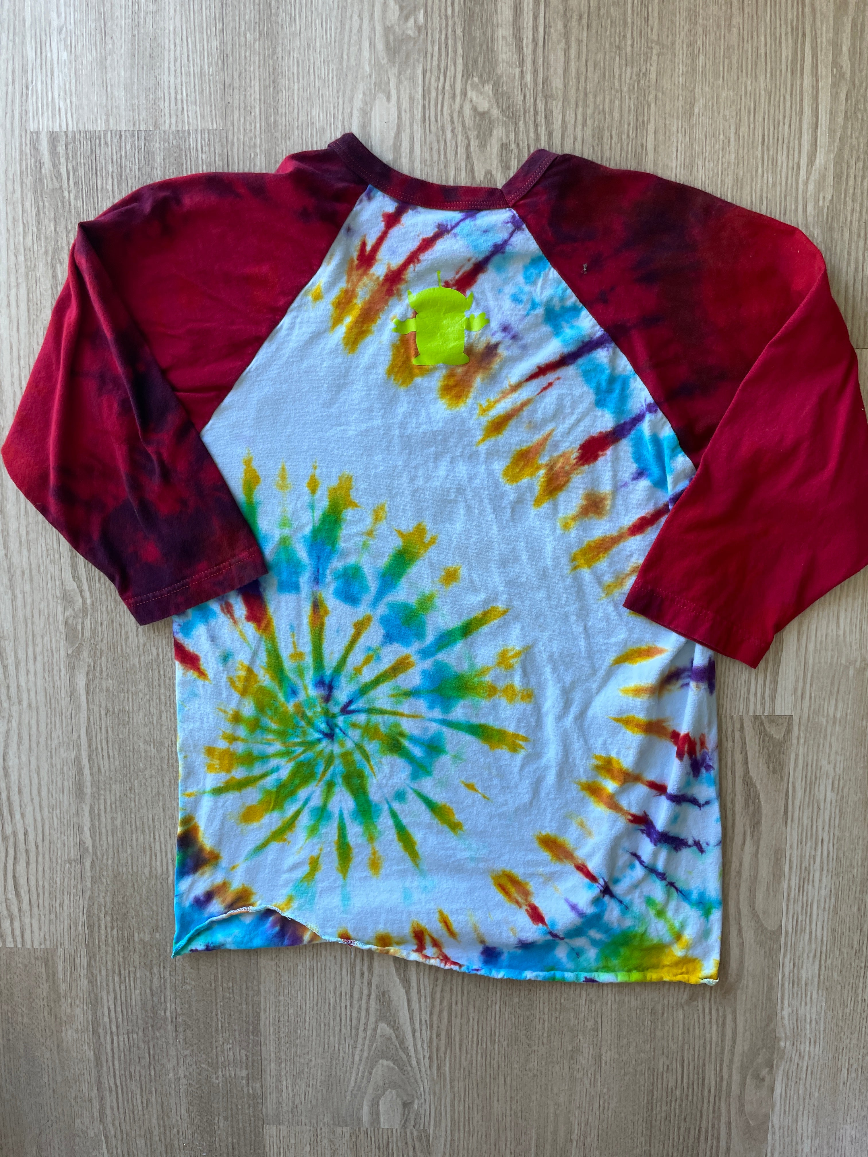 MEDIUM Men’s Pizza Planet Handmade Tie Dye Baseball Tee | One-Of-a-Kind White, Red, and Rainbow Spiral Short Sleeve