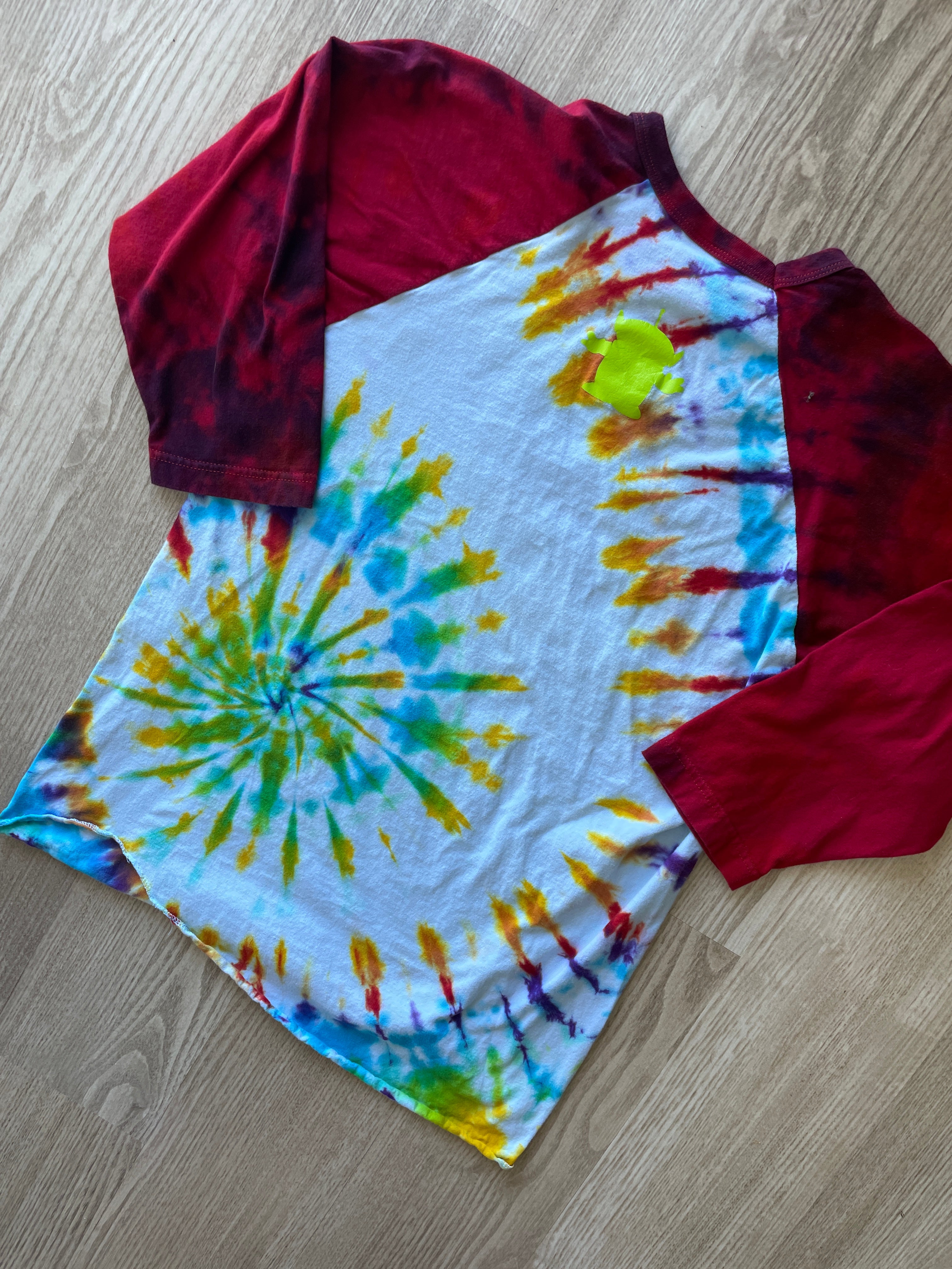 MEDIUM Men’s Pizza Planet Handmade Tie Dye Baseball Tee | One-Of-a-Kind White, Red, and Rainbow Spiral Short Sleeve