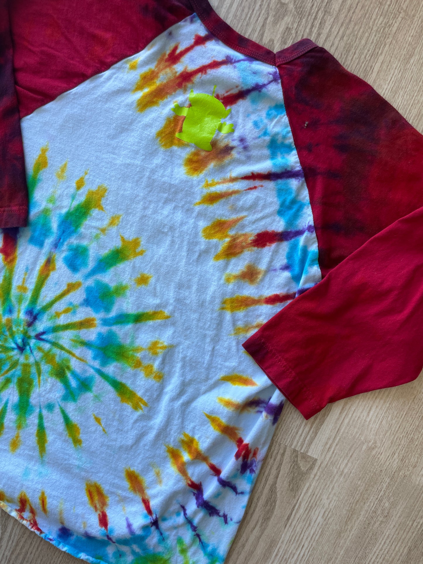 MEDIUM Men’s Pizza Planet Handmade Tie Dye Baseball Tee | One-Of-a-Kind White, Red, and Rainbow Spiral Short Sleeve