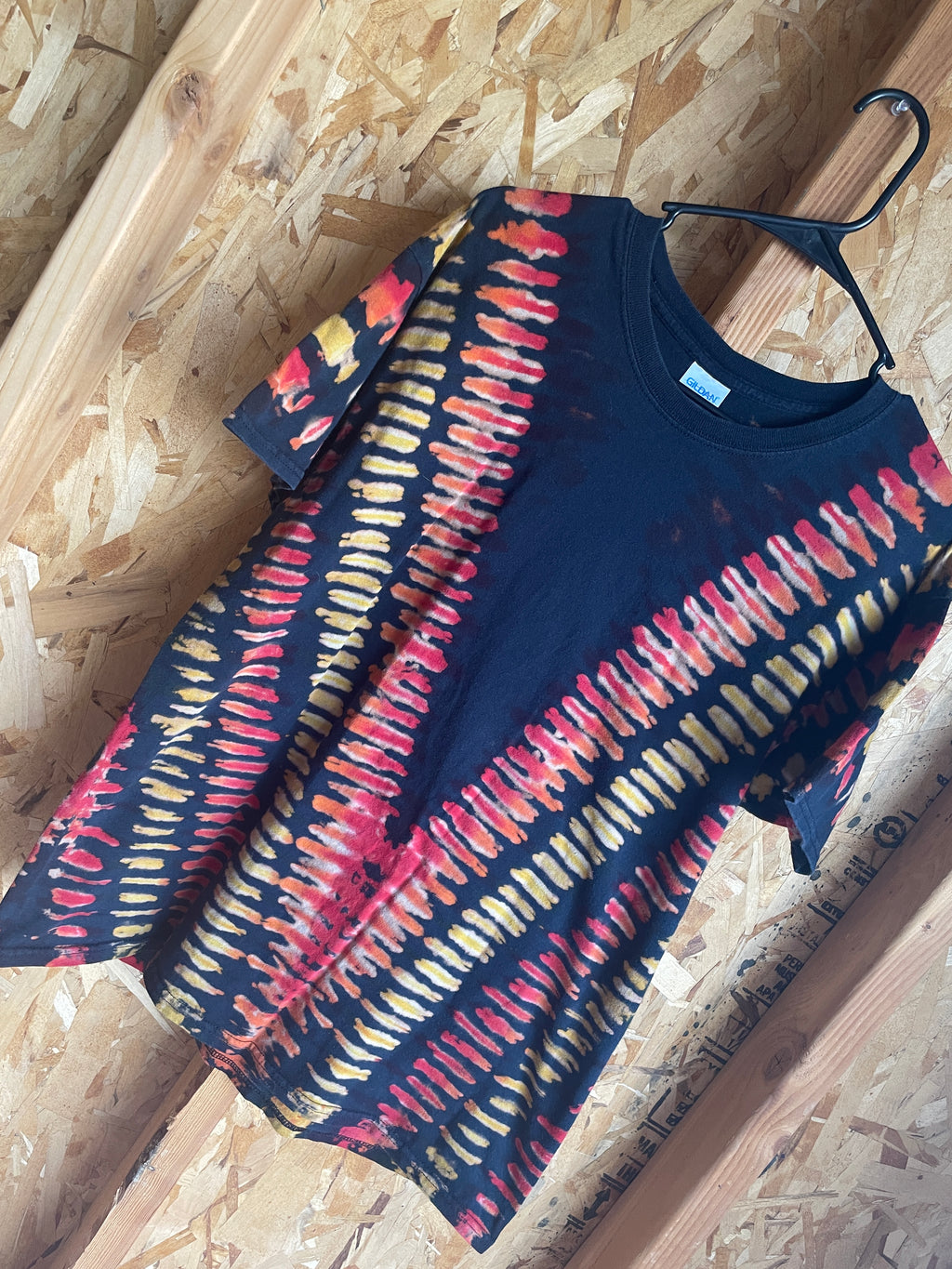 Large Men’s #7 Handmade Tie Dye T-Shirt | Black, Orange, Yellow, and Red V-Pleated Tie Dye Short Sleeve