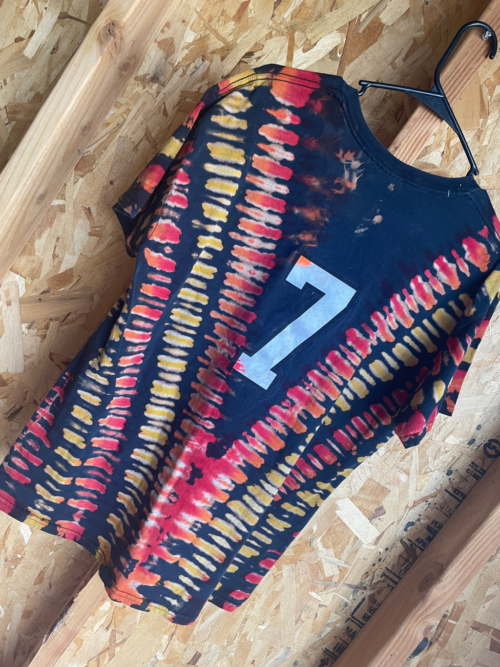 Large Men’s #7 Handmade Tie Dye T-Shirt | Black, Orange, Yellow, and Red V-Pleated Tie Dye Short Sleeve