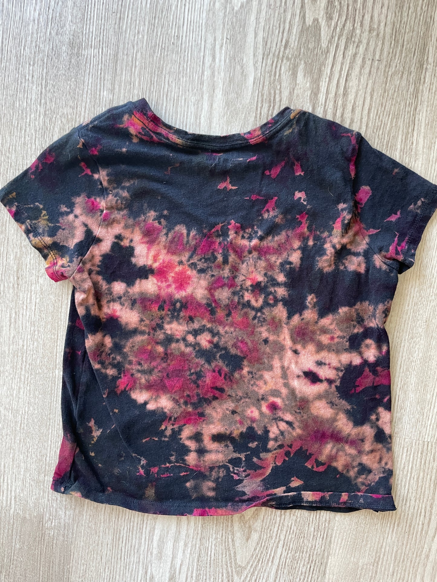 YOUTH GIRLS LARGE Down to Earth Handmade Tie Dye T-Shirt | One-Of-a-Kind Black and Pink Short Sleeve