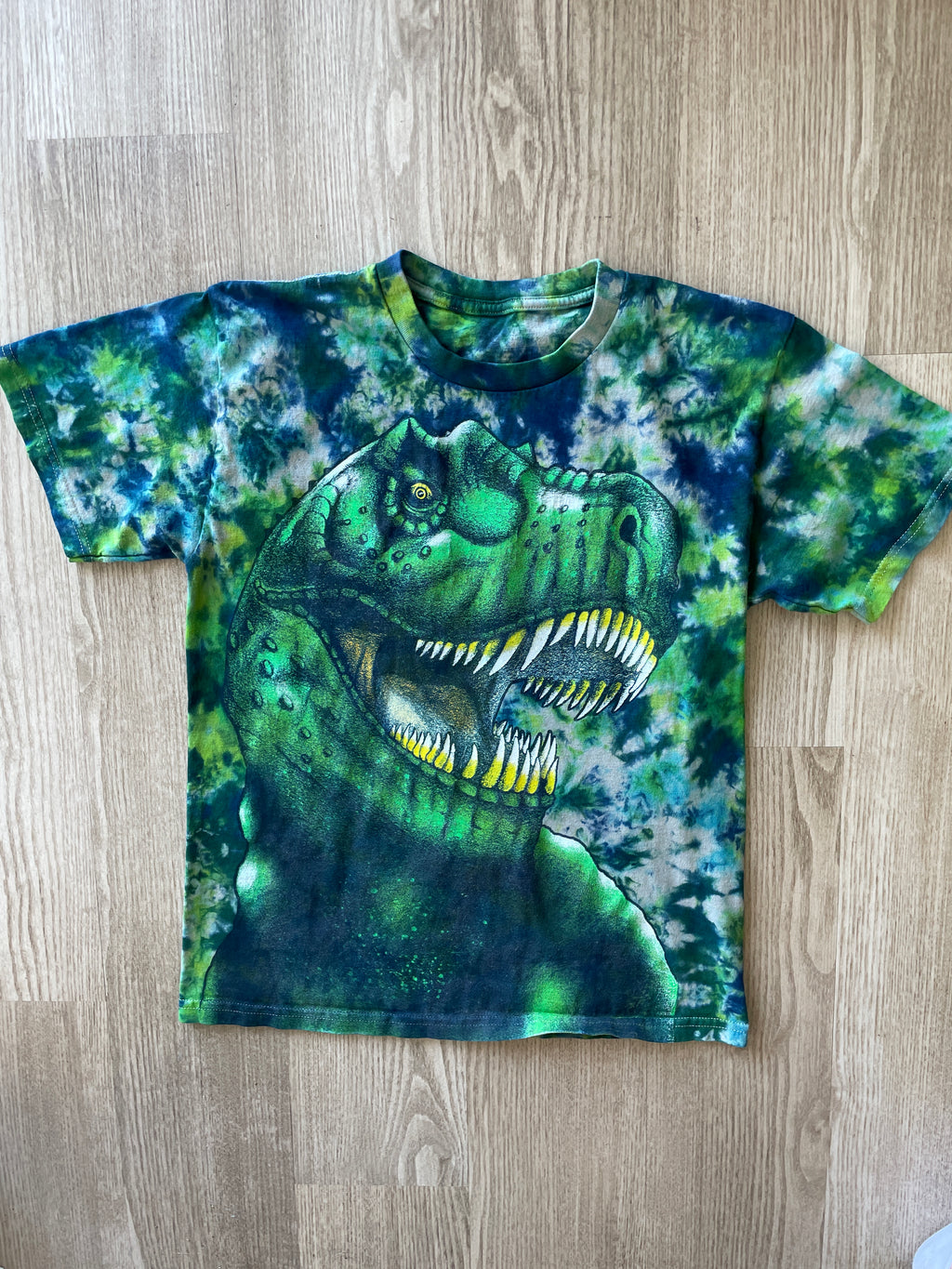 YOUTH LARGE T-REX Handmade Tie Dye T-Shirt | One-Of-a-Kind Green and Blue Short Sleeve