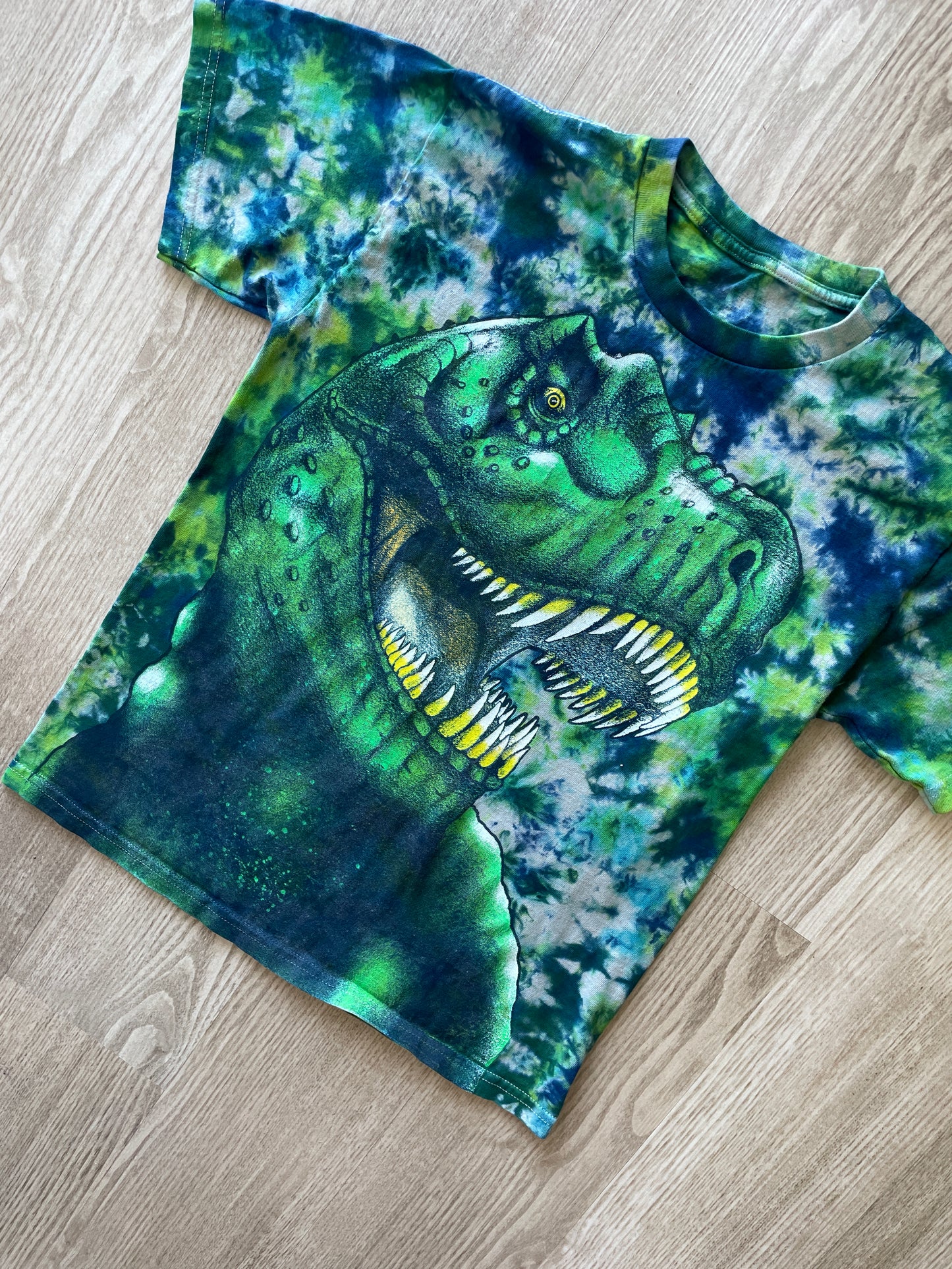 YOUTH LARGE T-REX Handmade Tie Dye T-Shirt | One-Of-a-Kind Green and Blue Short Sleeve