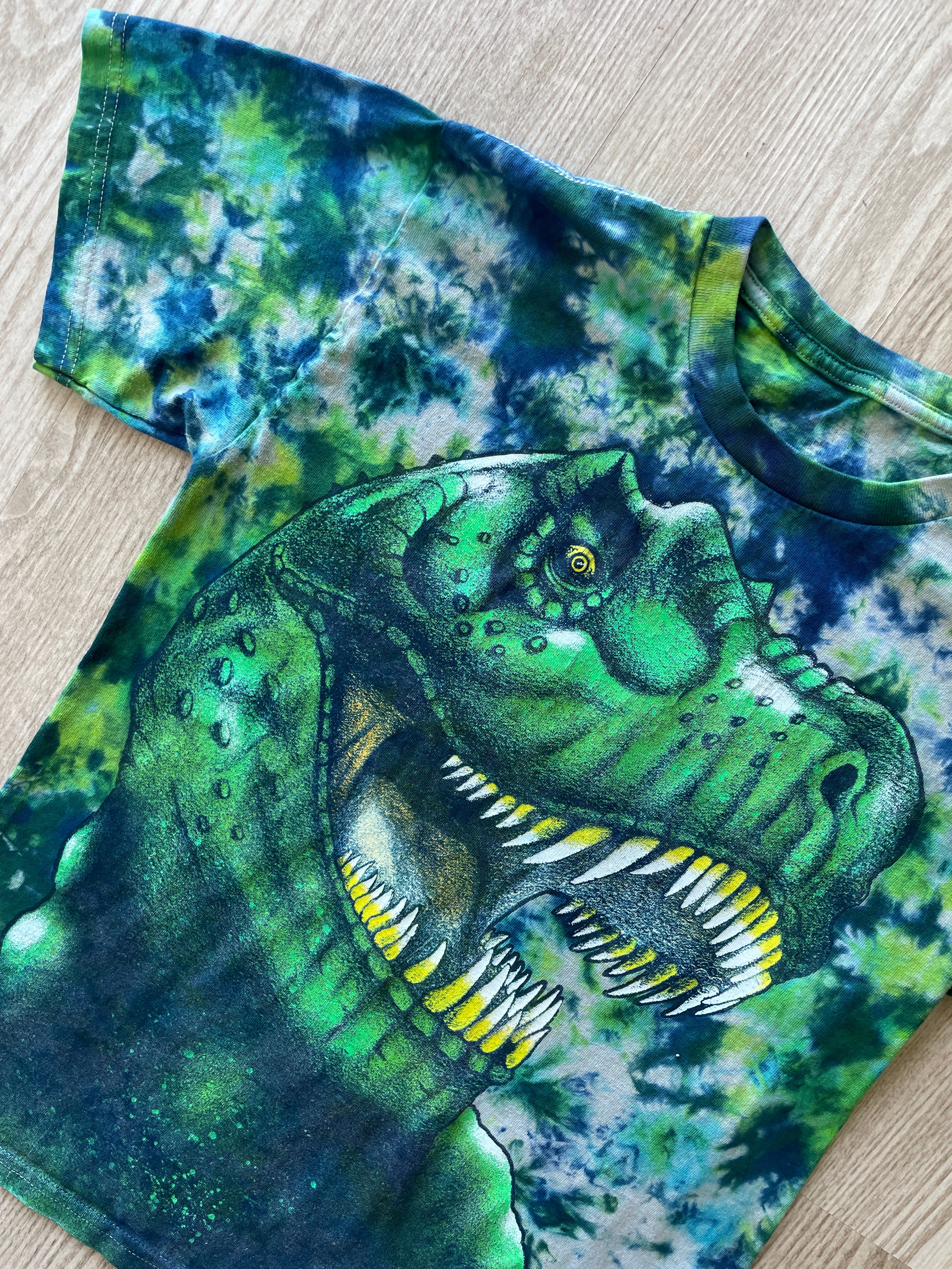 YOUTH LARGE T-REX Handmade Tie Dye T-Shirt | One-Of-a-Kind Green and Blue Short Sleeve